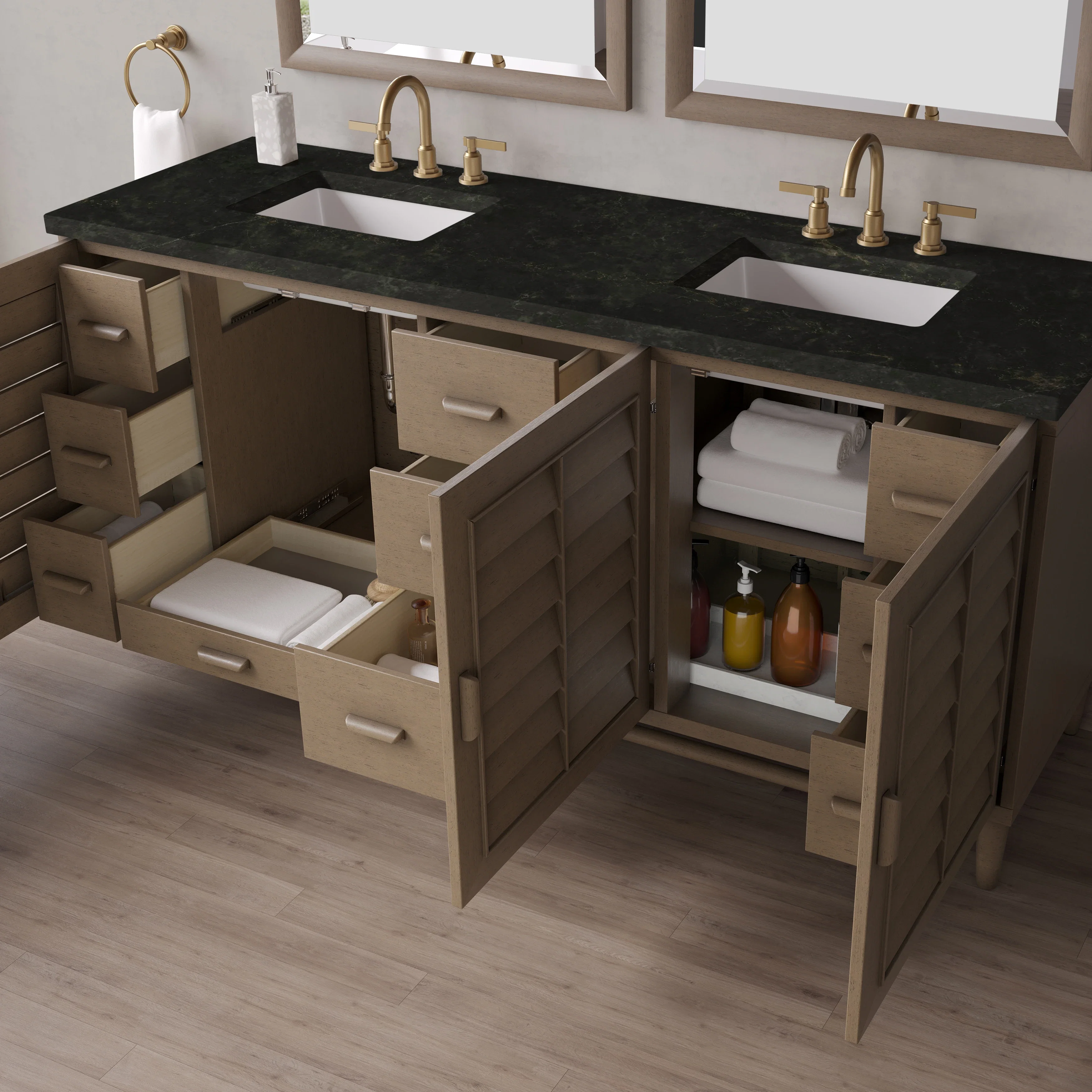 Portland 72" Double Vanity, Whitewashed Walnut, w/ 3 CM Phantome Eclos Top