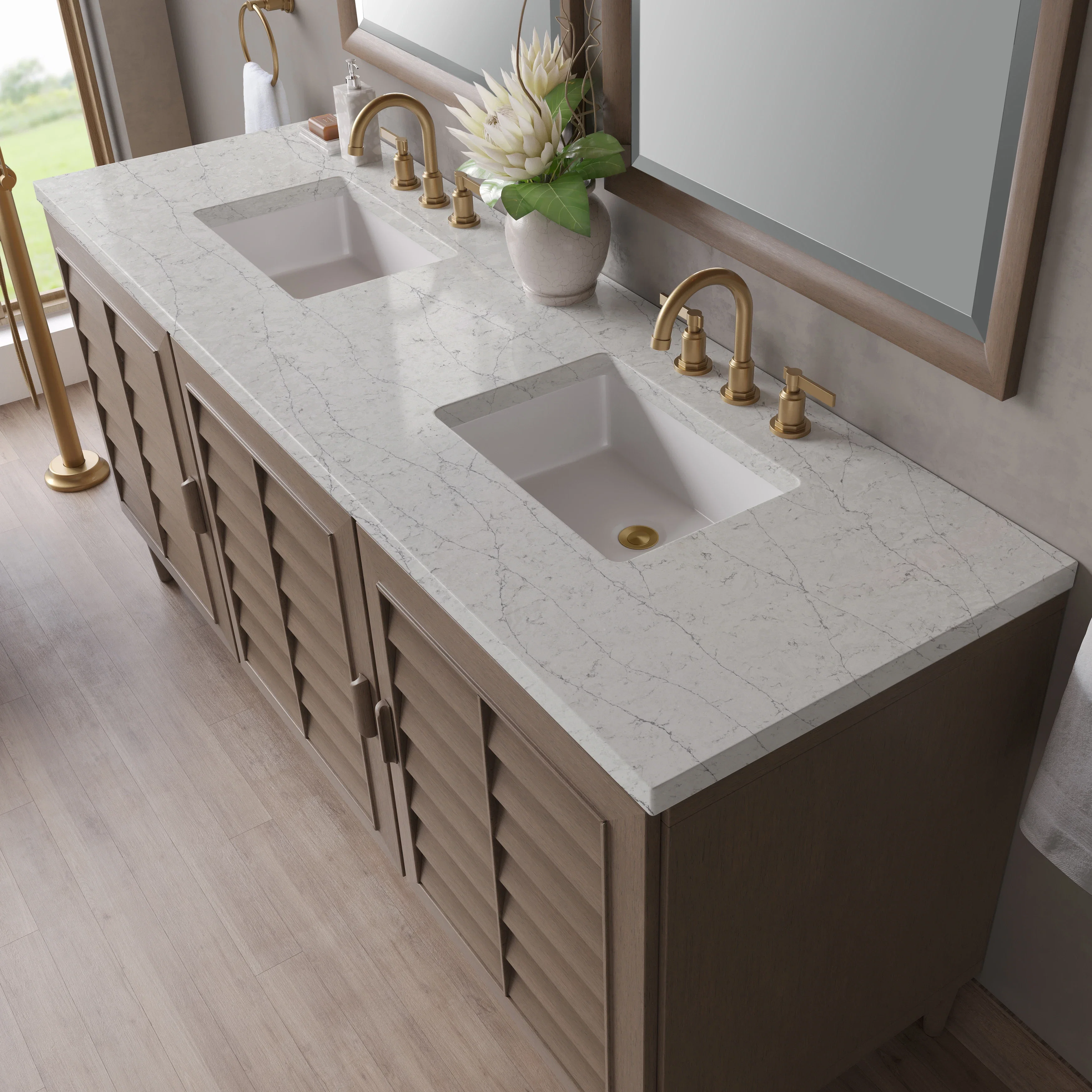 Portland 72" Double Vanity Whitewashed Walnut w/ 3 CM Eternal Jasmine Pearl Silestone Top w/FreePower Wireless Charger