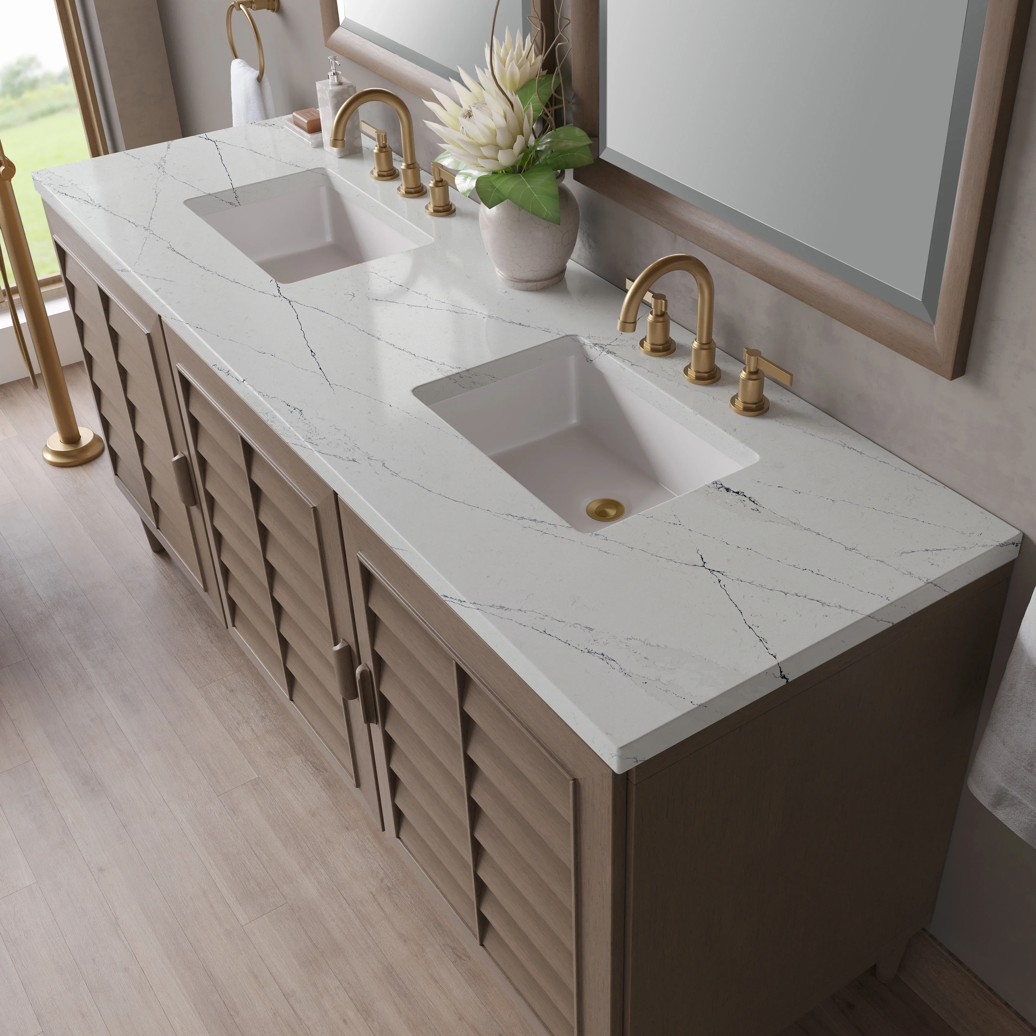 Portland 72" Double Vanity Whitewashed Walnut w/ 3 CM Ethereal Noctis Silestone Top w/FreePower Wireless Charger