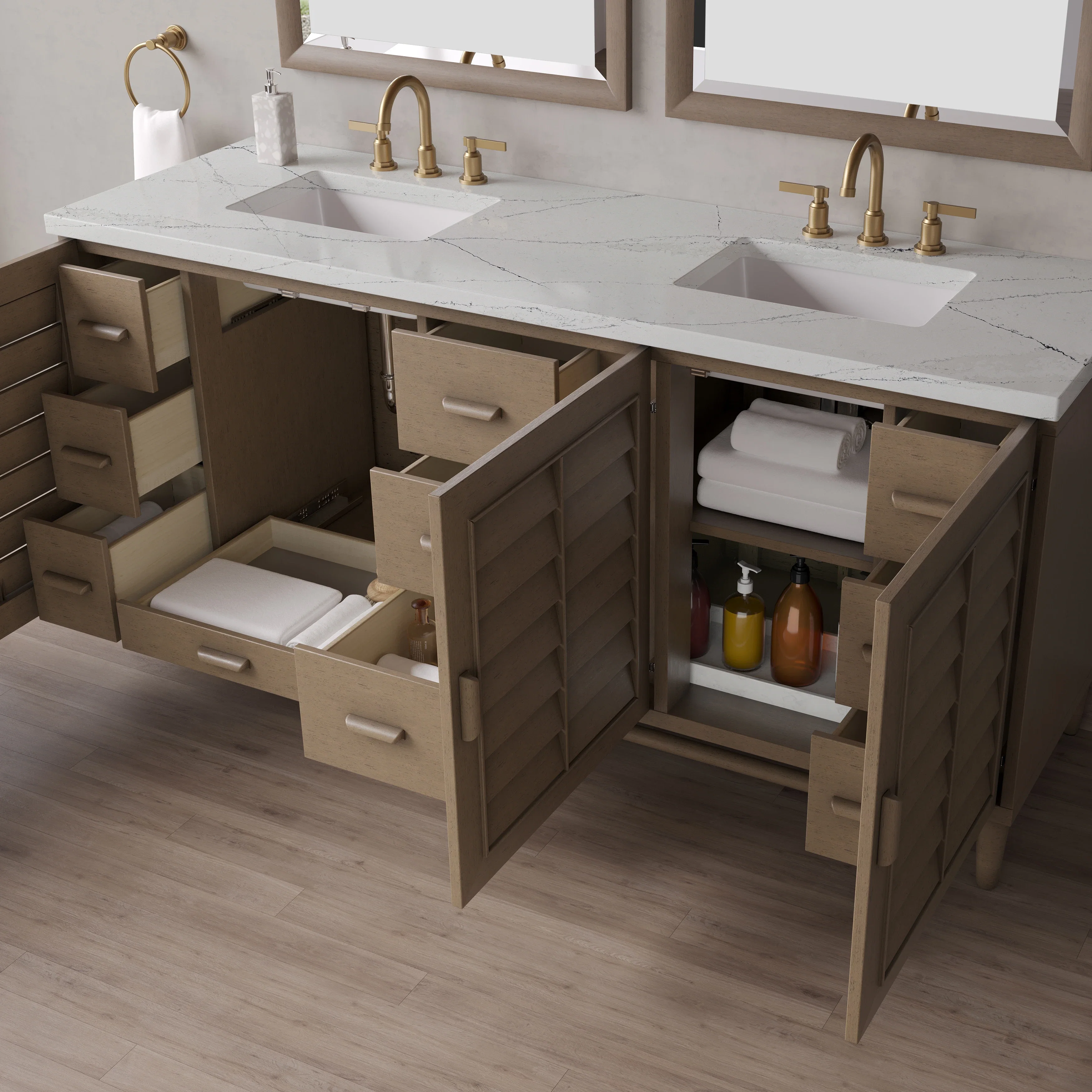 Portland 72" Double Vanity Whitewashed Walnut w/ 3 CM Ethereal Noctis Silestone Top w/FreePower Wireless Charger