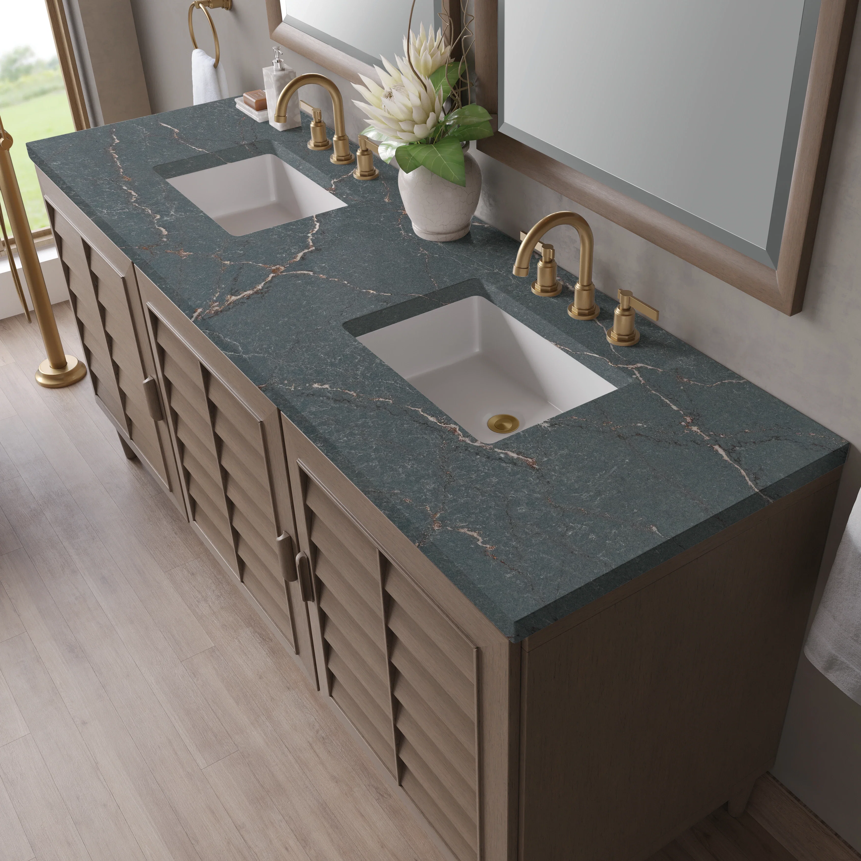 Portland 72" Double Vanity Whitewashed Walnut w/ 3 CM Parisien Bleu Silestone Top w/FreePower Wireless Charger