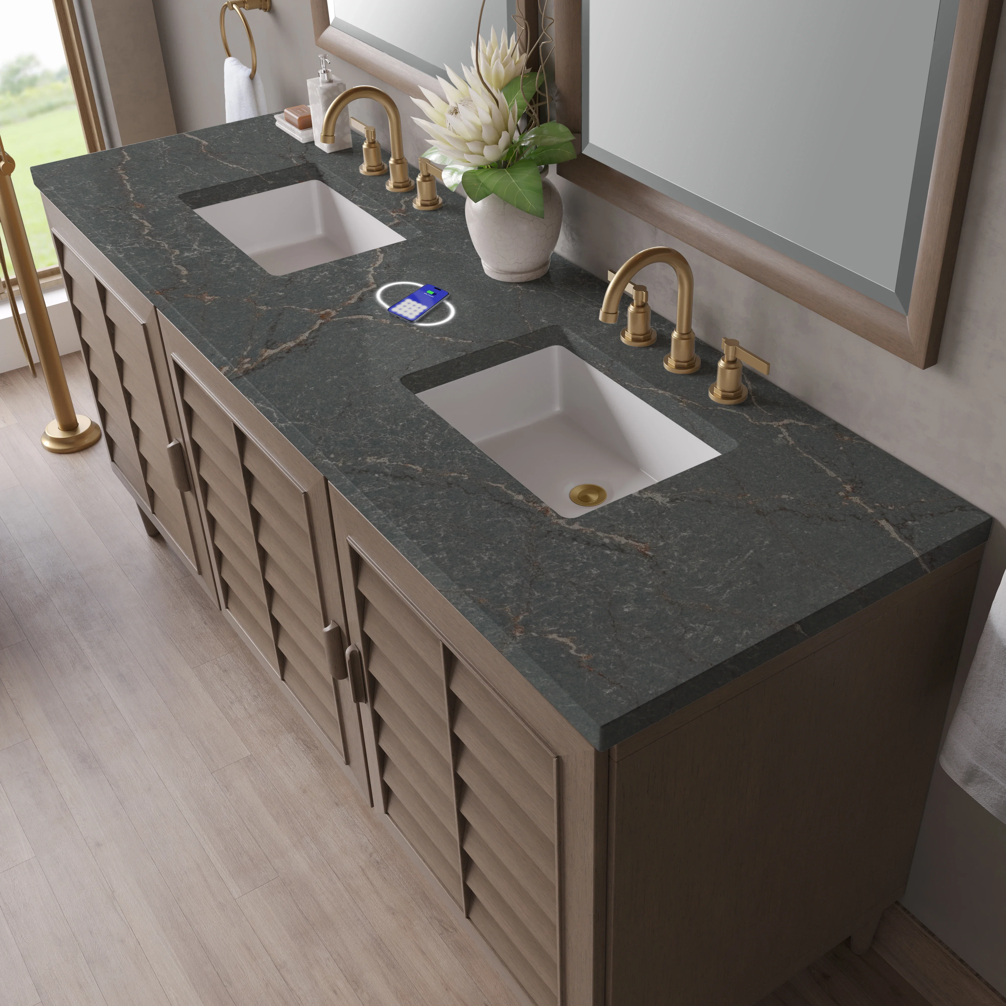 Portland 72" Double Vanity Whitewashed Walnut w/ 3 CM Parisien Bleu Silestone Top w/FreePower Wireless Charger
