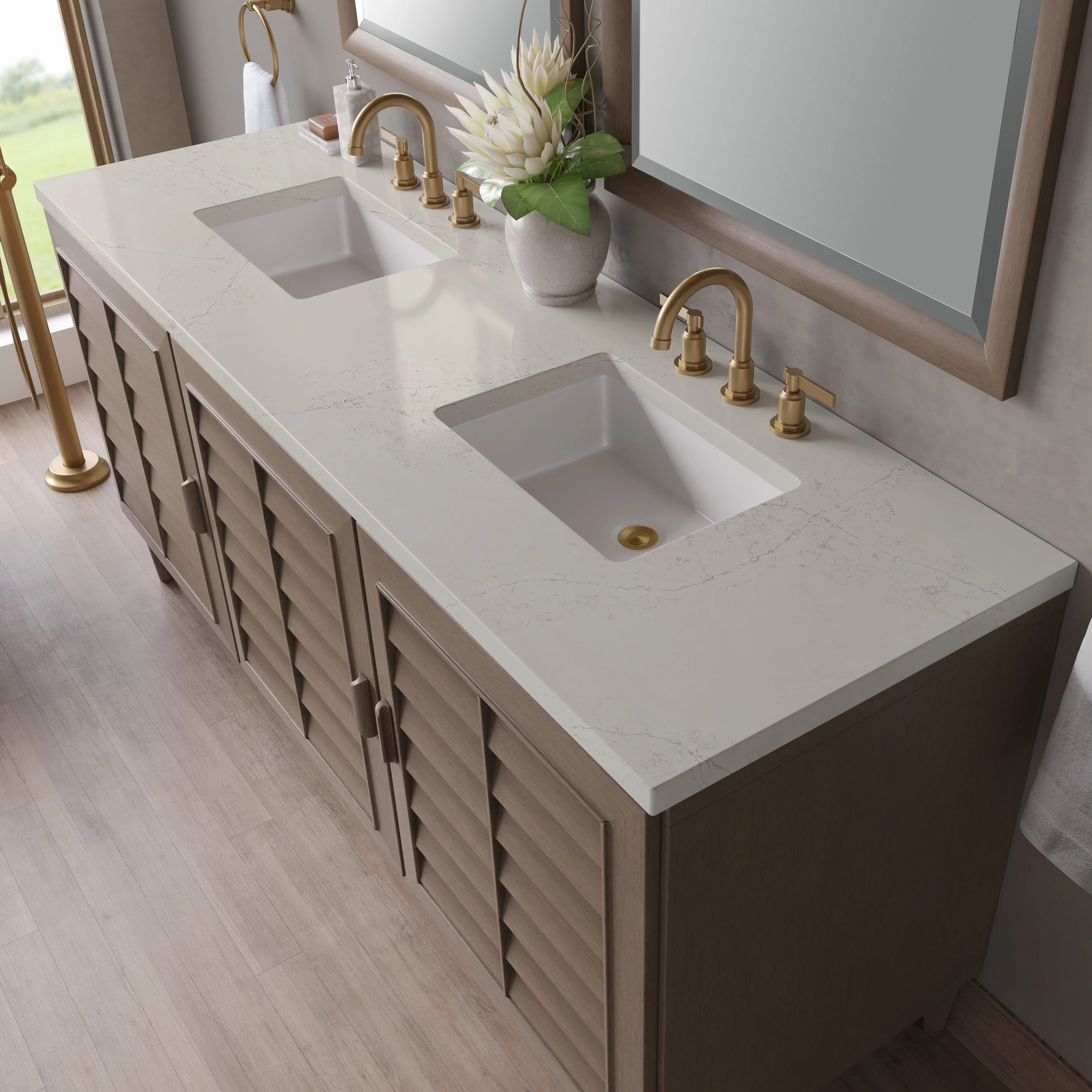 Portland 72" Double Vanity, Whitewashed Walnut, w/ 3 CM Siberian Silestone Top w/FreePower Wireless Charger