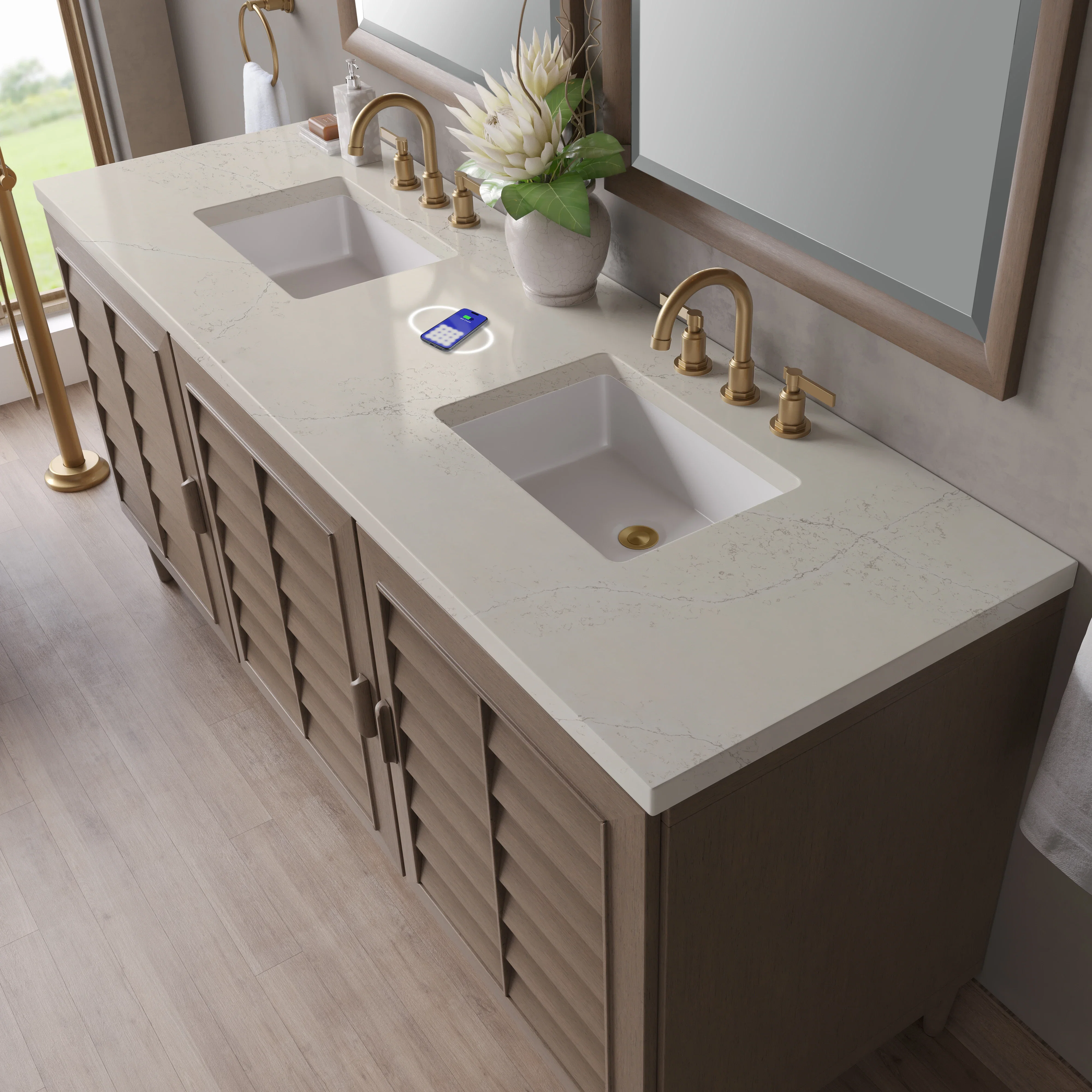 Portland 72" Double Vanity, Whitewashed Walnut, w/ 3 CM Siberian Silestone Top w/FreePower Wireless Charger