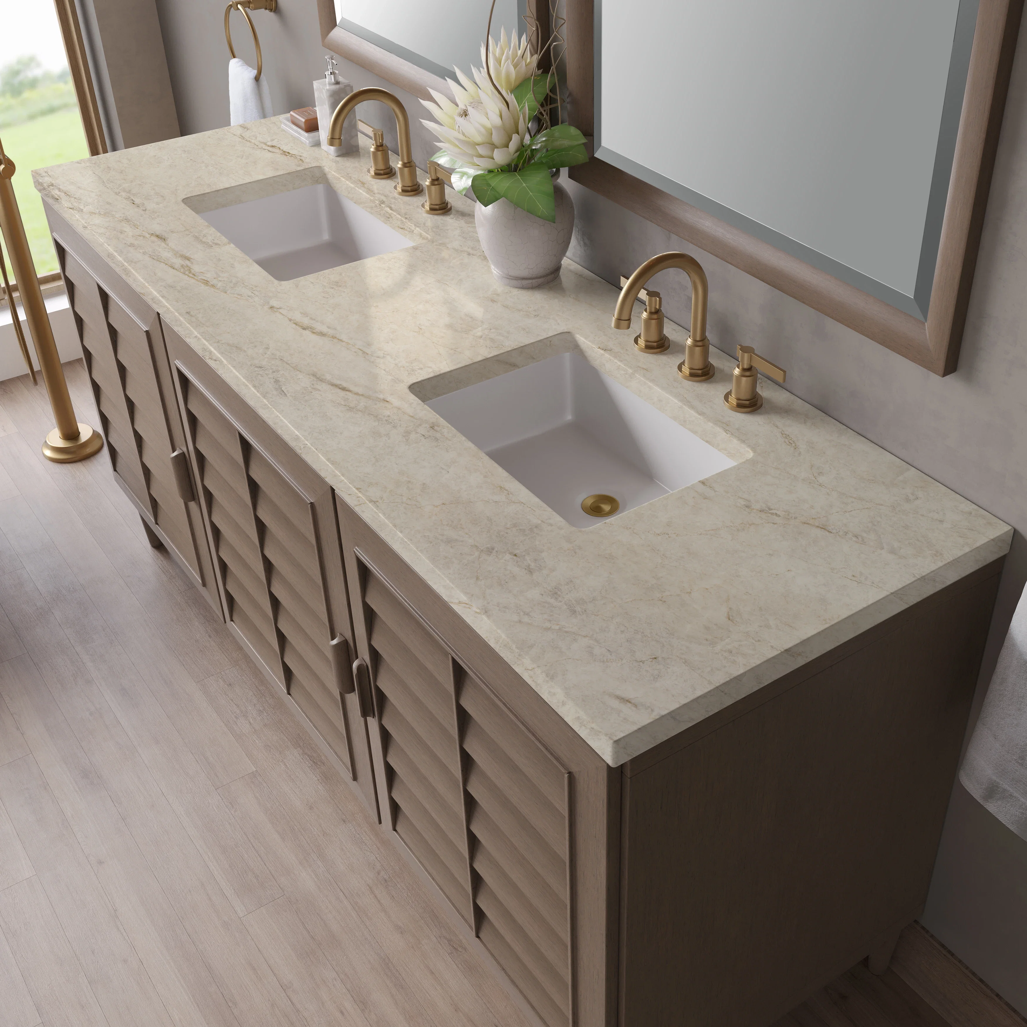 Portland 72" Double Vanity, Whitewashed Walnut, w/ 3 CM Tajnar Eclos Top w/FreePower Wireless Charger