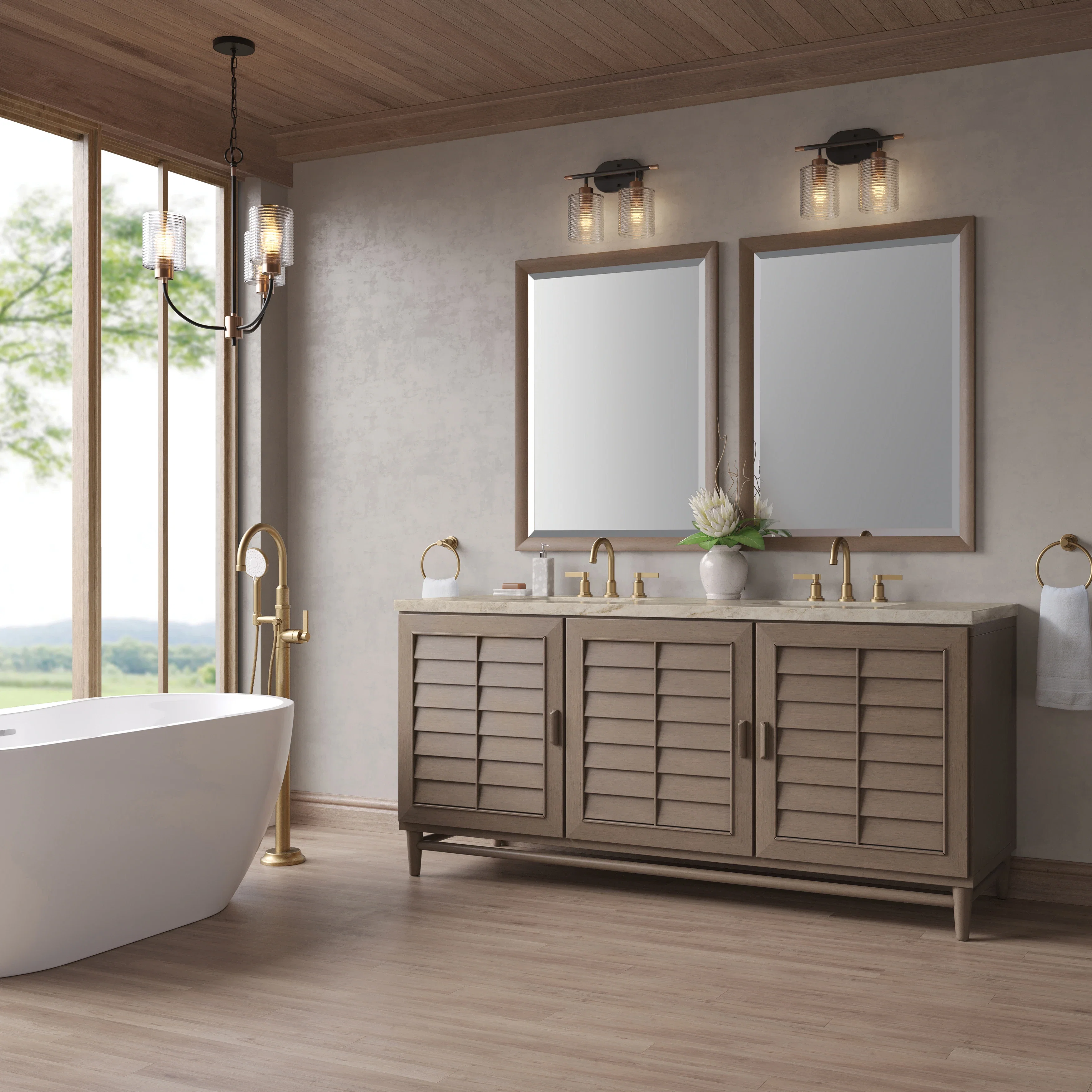 Portland 72" Double Vanity, Whitewashed Walnut, w/ 3 CM Tajnar Eclos Top w/FreePower Wireless Charger
