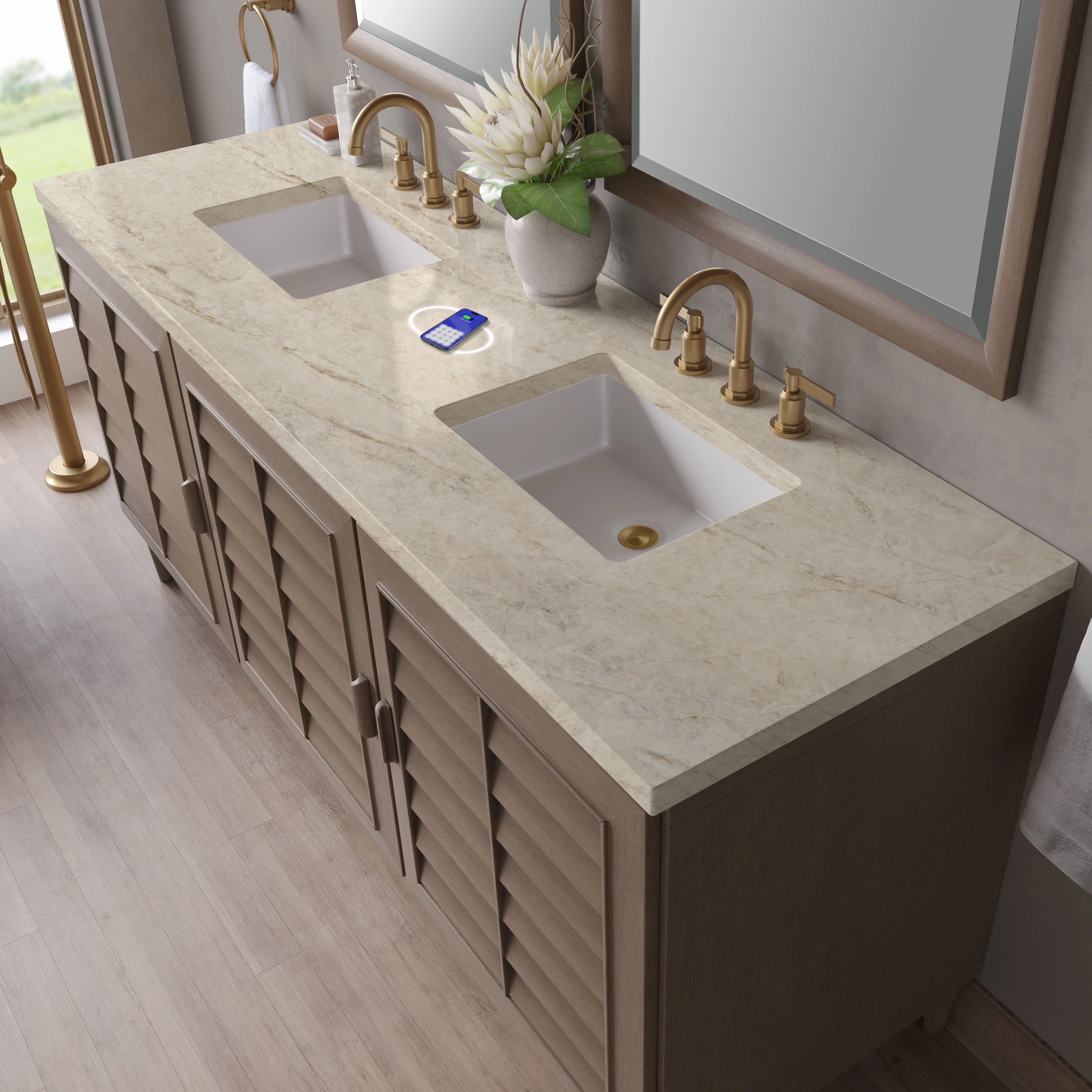 Portland 72" Double Vanity, Whitewashed Walnut, w/ 3 CM Tajnar Eclos Top w/FreePower Wireless Charger