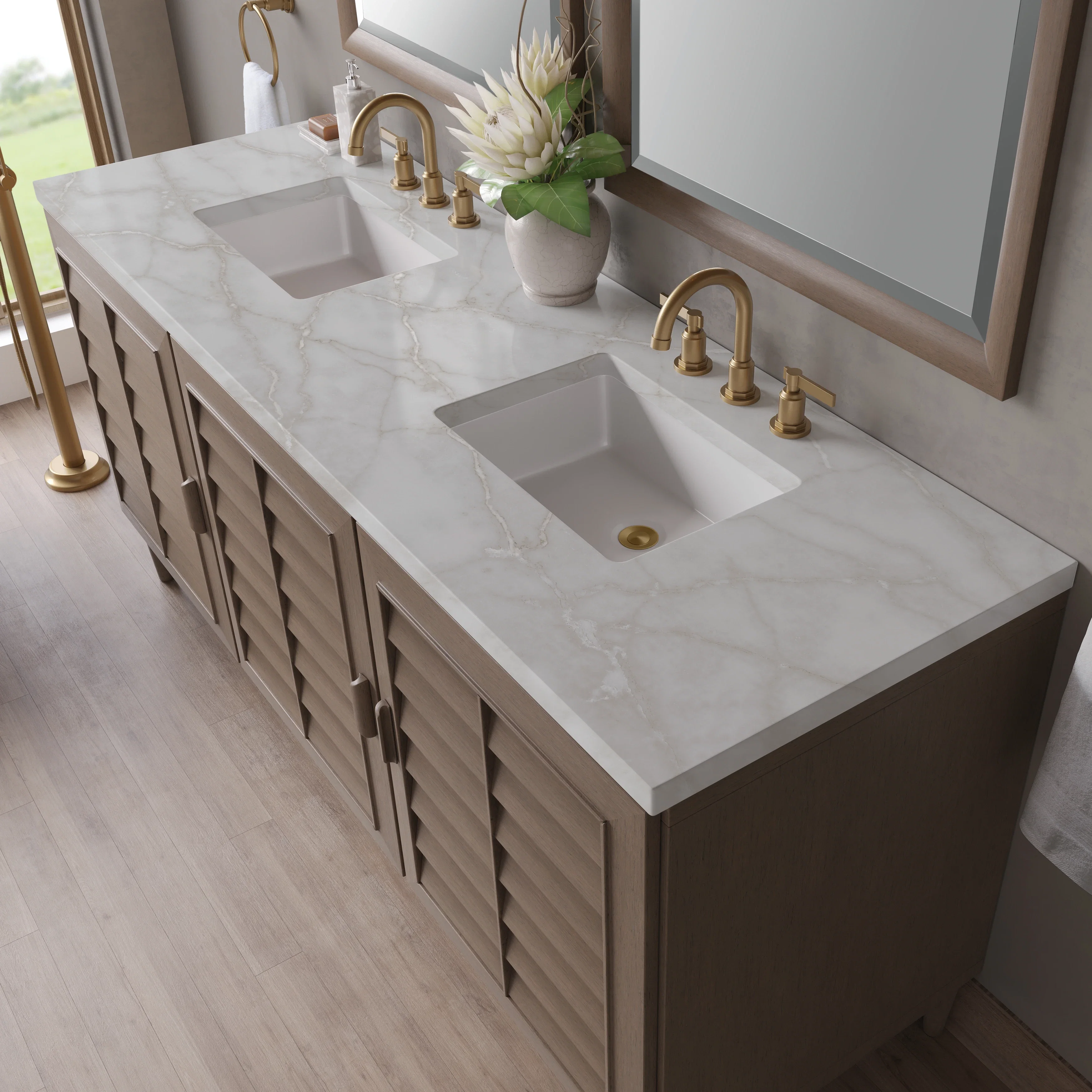 Portland 72" Double Vanity Whitewashed Walnut w/ 3 CM Victorian Silver Silestone Top w/FreePower Wireless Charger