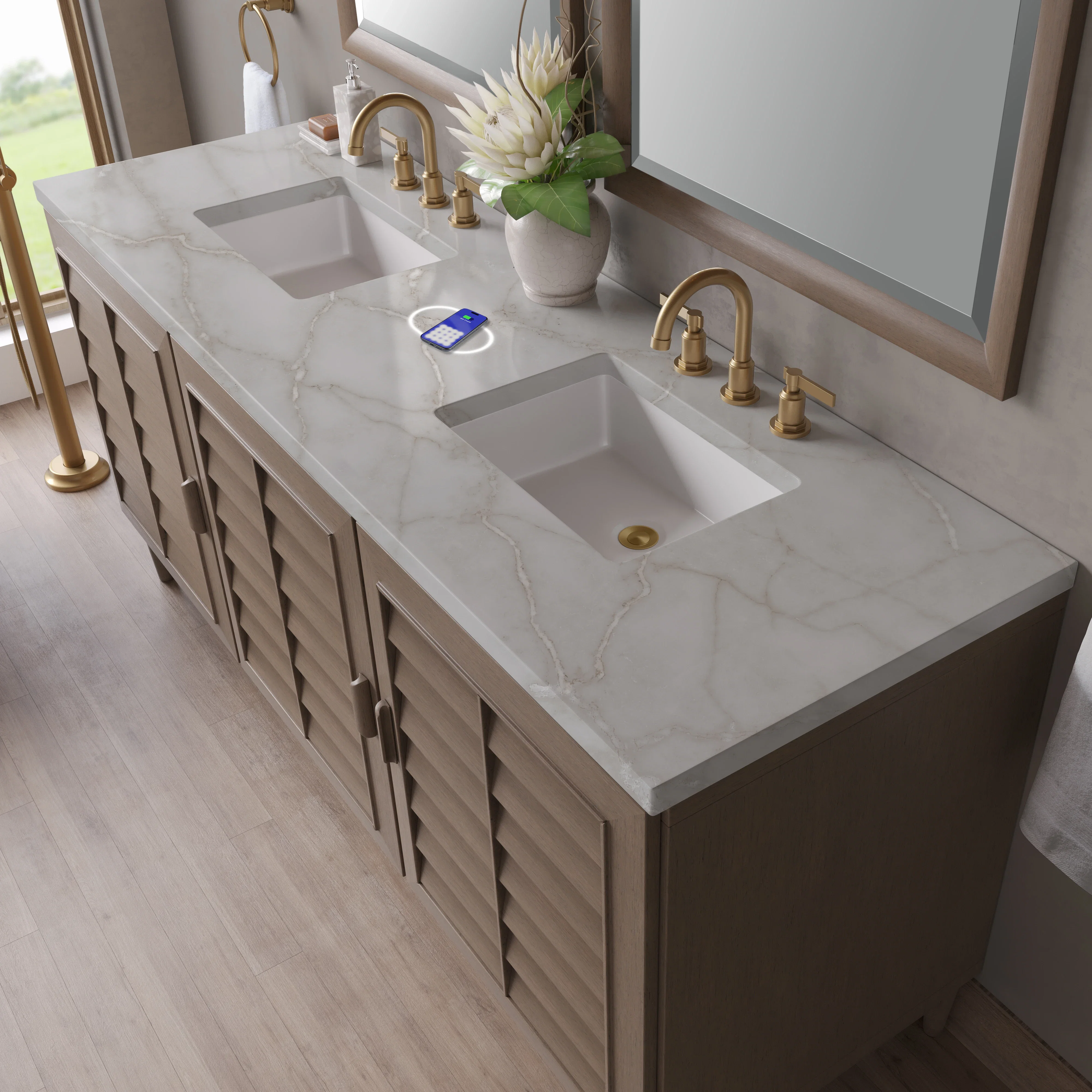 Portland 72" Double Vanity Whitewashed Walnut w/ 3 CM Victorian Silver Silestone Top w/FreePower Wireless Charger