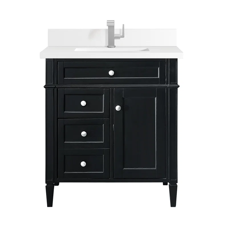 Brittany 30" Single Vanity, Black Onyx, w/ Single Hole 3 CM White Zeus Silestone Top & Backsplash