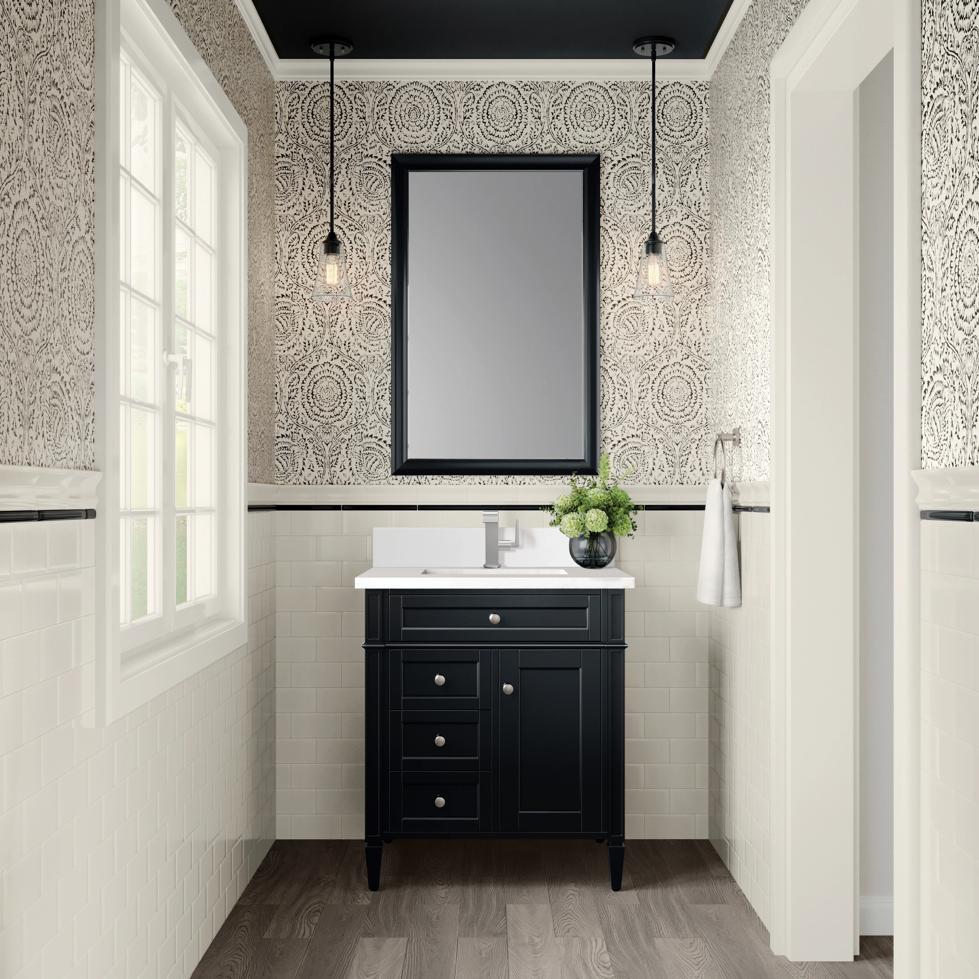 Brittany 30" Single Vanity, Black Onyx, w/ Single Hole 3 CM White Zeus Silestone Top & Backsplash
