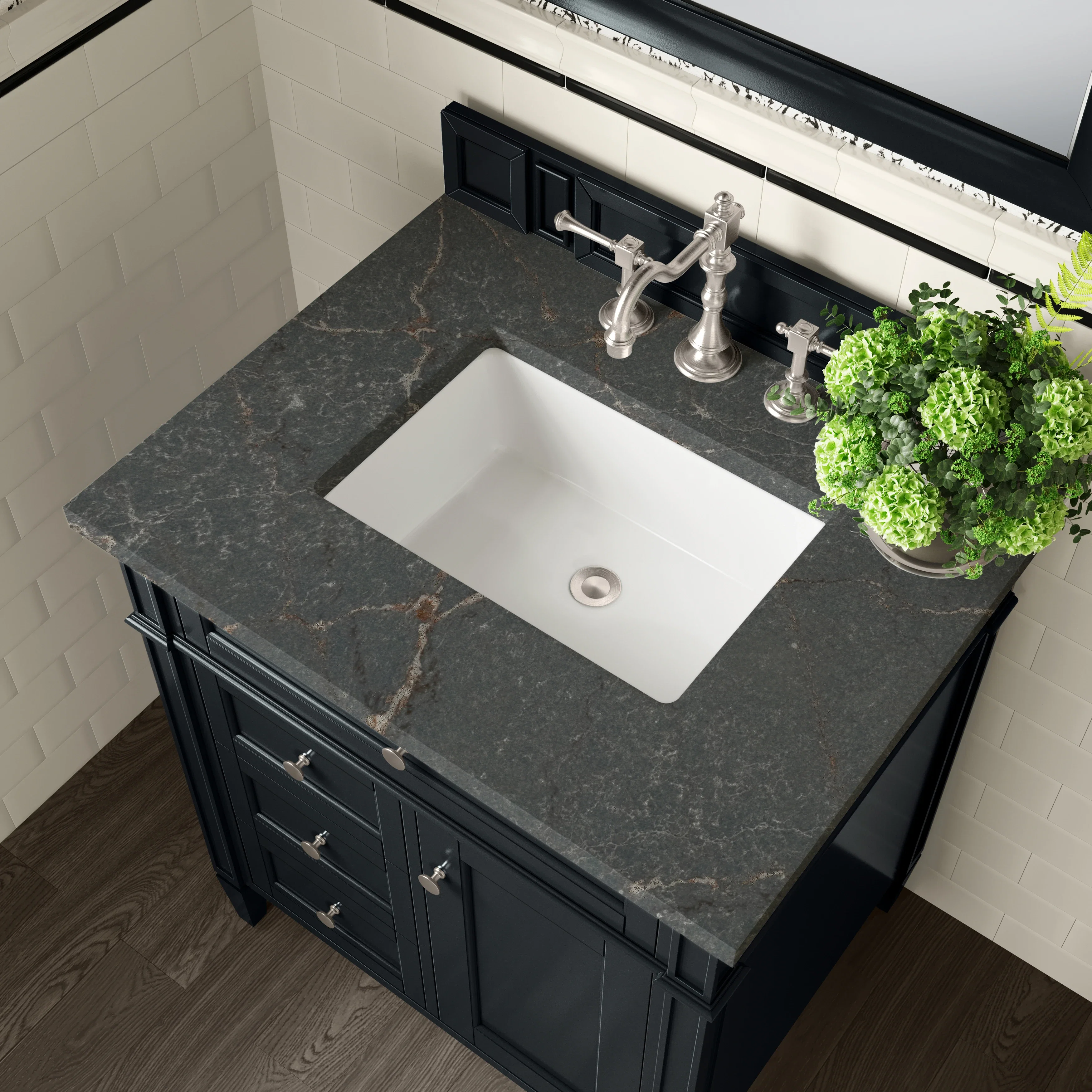 Brittany 30" Single Vanity, Black Onyx, w/ 3 CM Parisien Bleu Silestone Top
