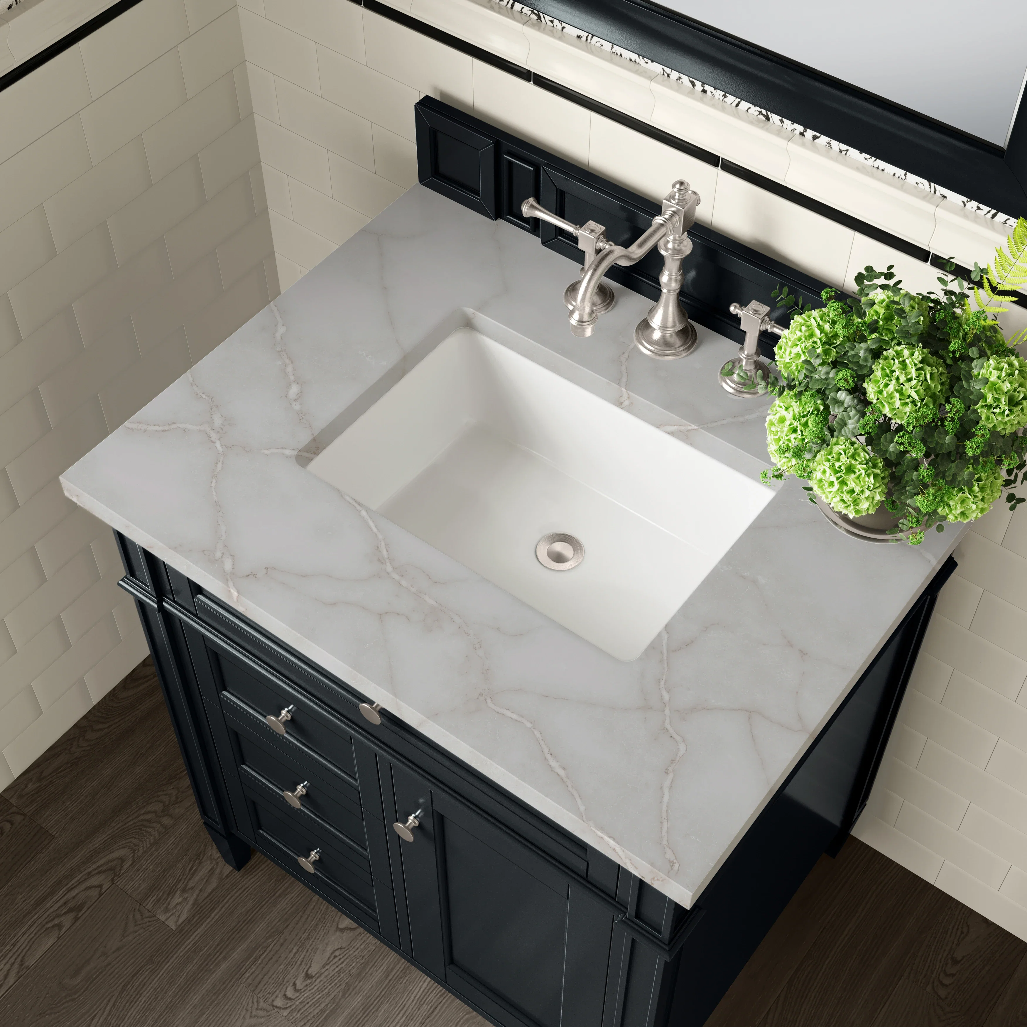 Brittany 30" Single Vanity, Black Onyx, w/ 3 CM Victorian Silver Silestone Top