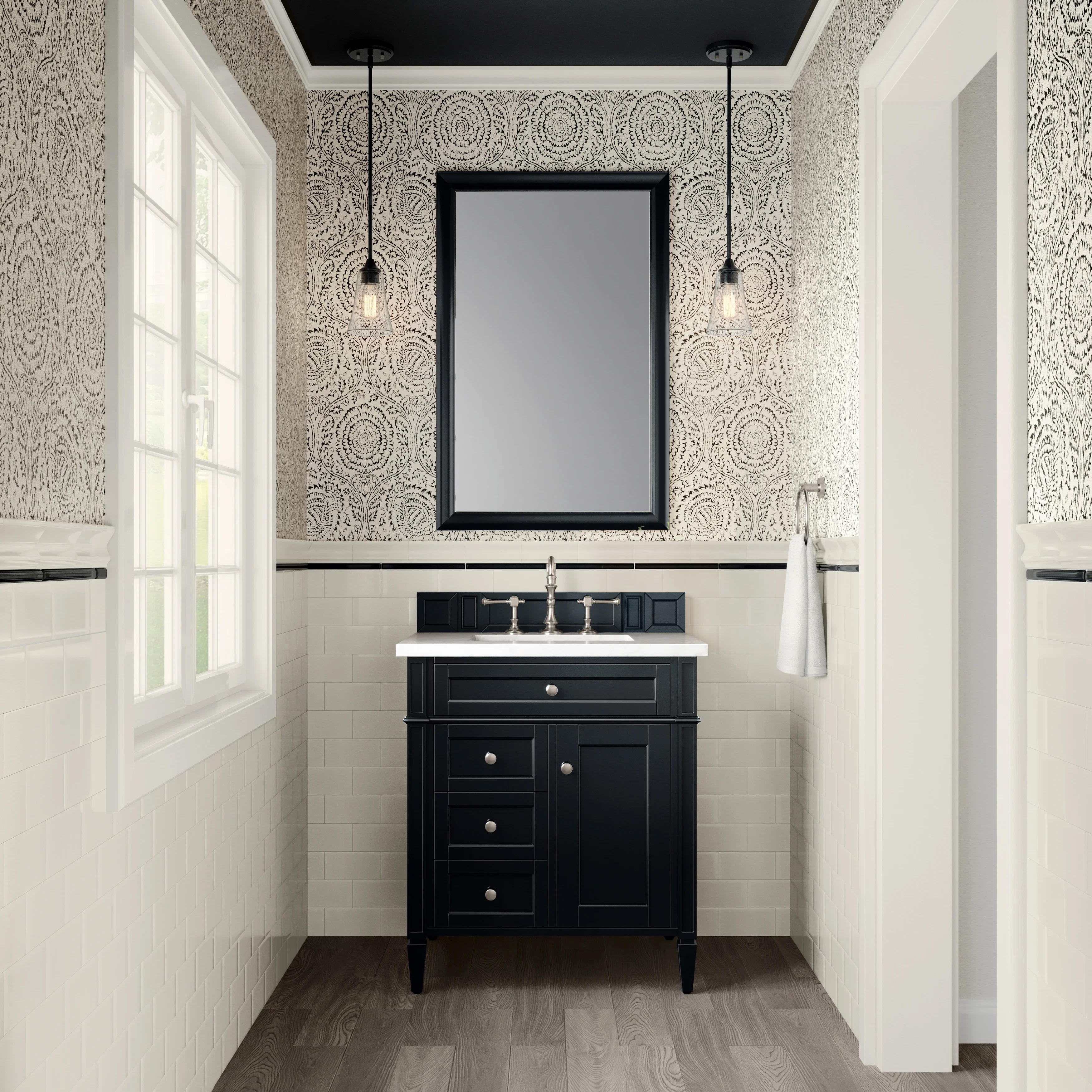 Brittany 30" Single Vanity, Black Onyx, w/ 3 CM White Zeus Silestone Top