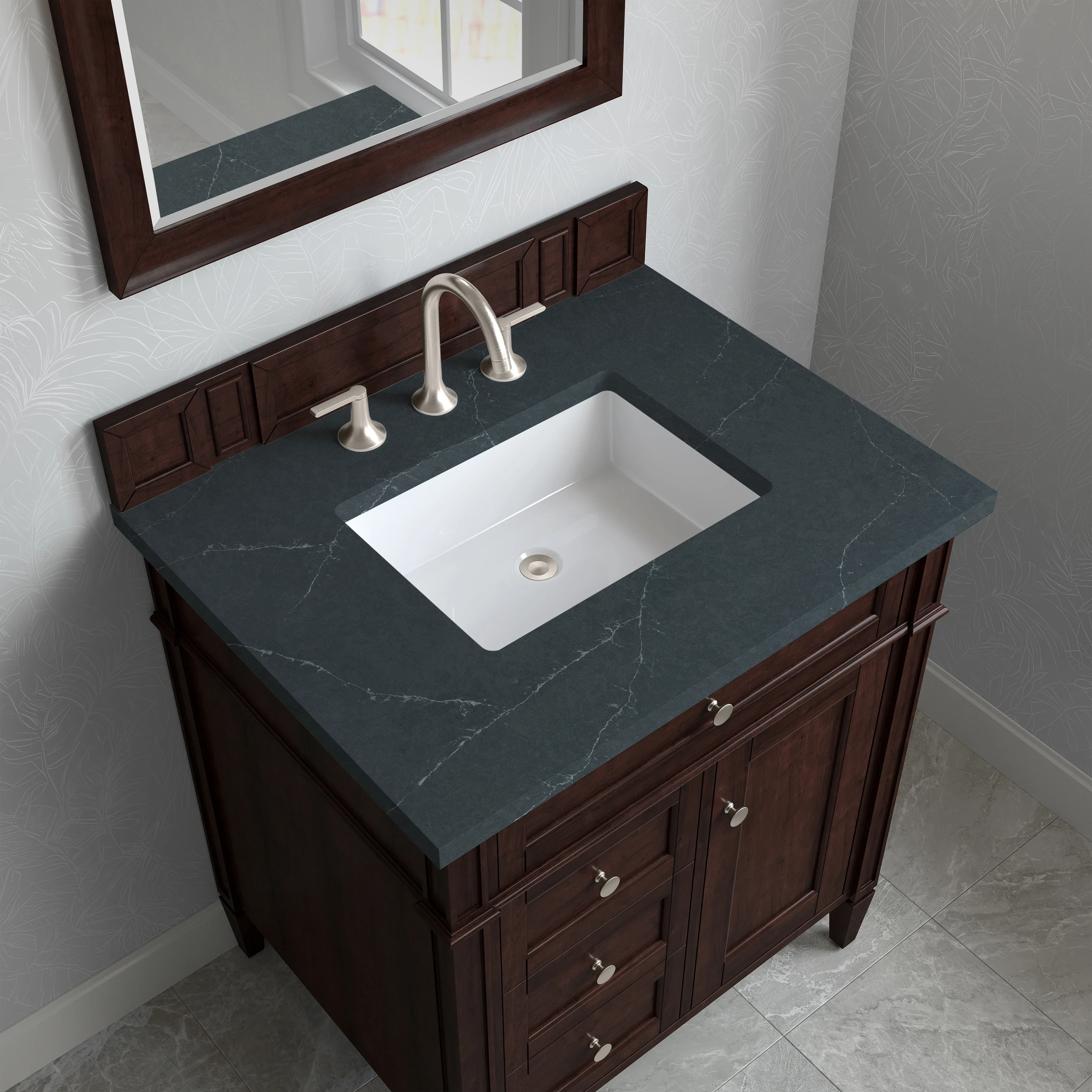 Brittany 30" Single Vanity, Burnished Mahogany, w/ 3 CM Charcoal Soapstone Silestone Top