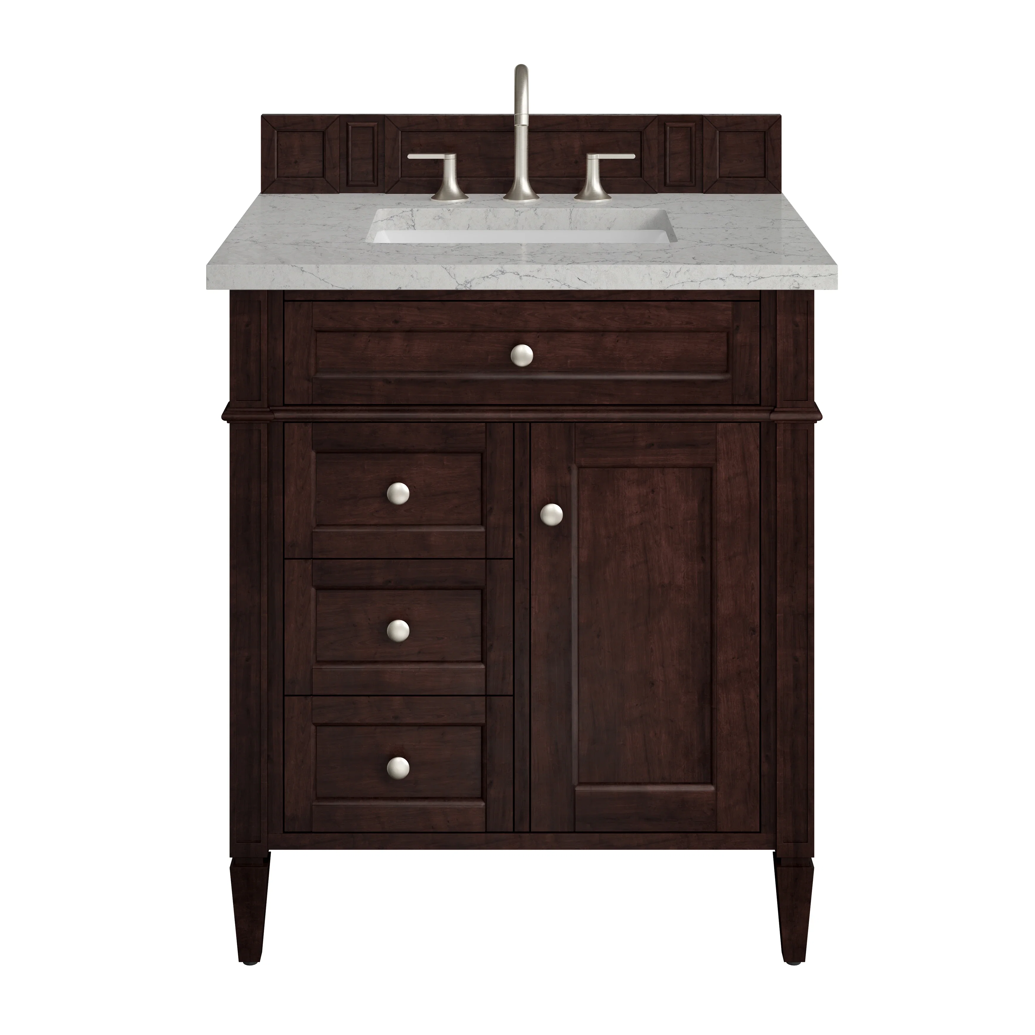 Brittany 30" Single Vanity, Burnished Mahogany, w/ 3 CM Eternal Jasmine Pearl Silestone Top