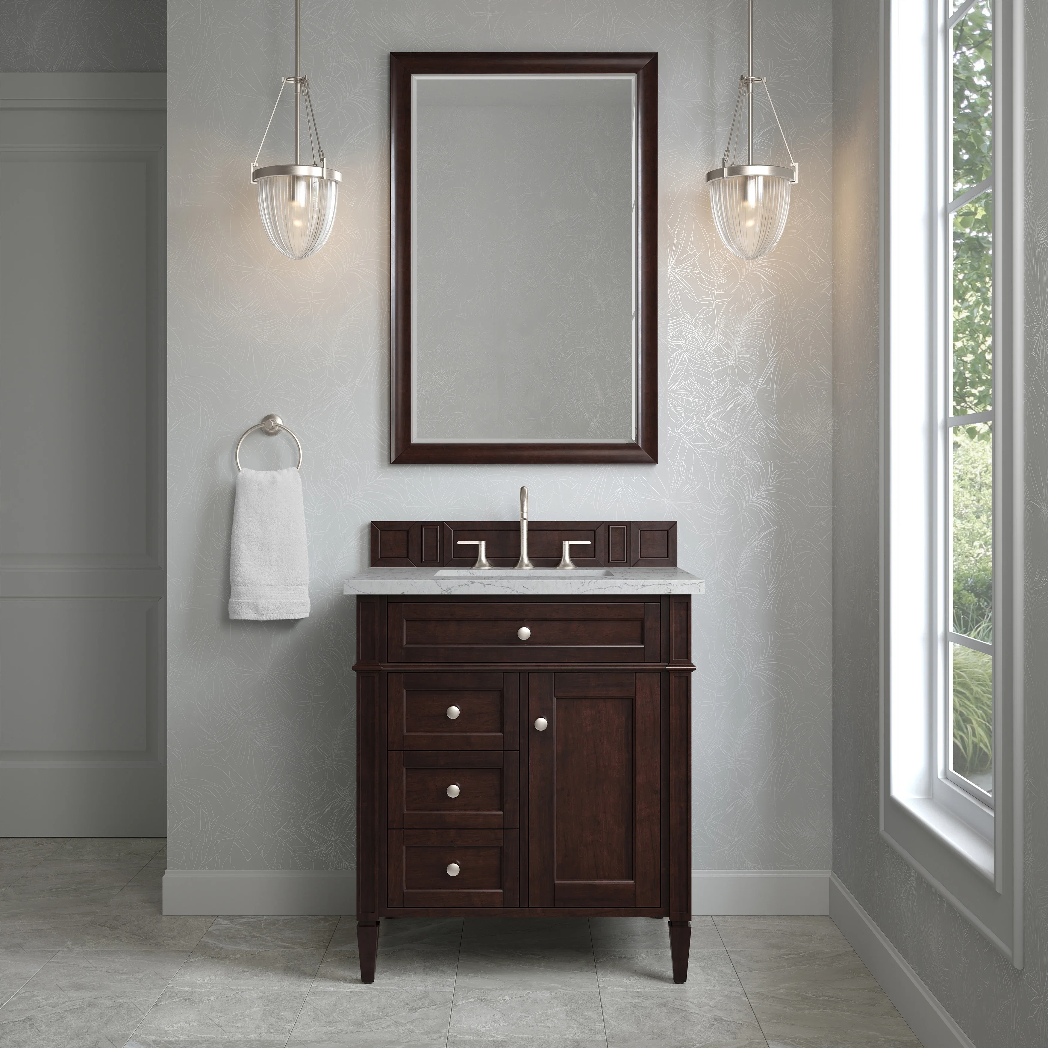 Brittany 30" Single Vanity, Burnished Mahogany, w/ 3 CM Eternal Jasmine Pearl Silestone Top