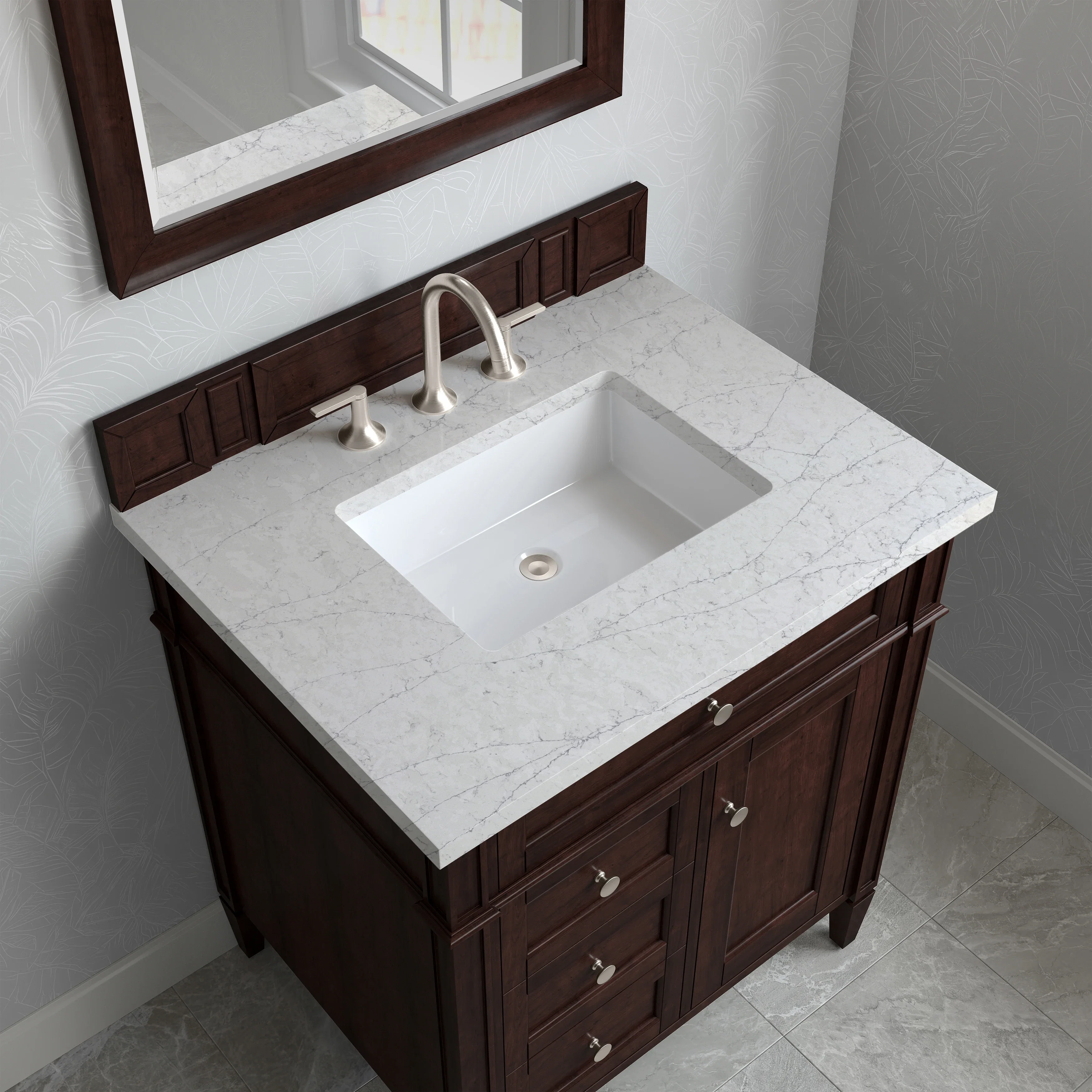 Brittany 30" Single Vanity, Burnished Mahogany, w/ 3 CM Eternal Jasmine Pearl Silestone Top