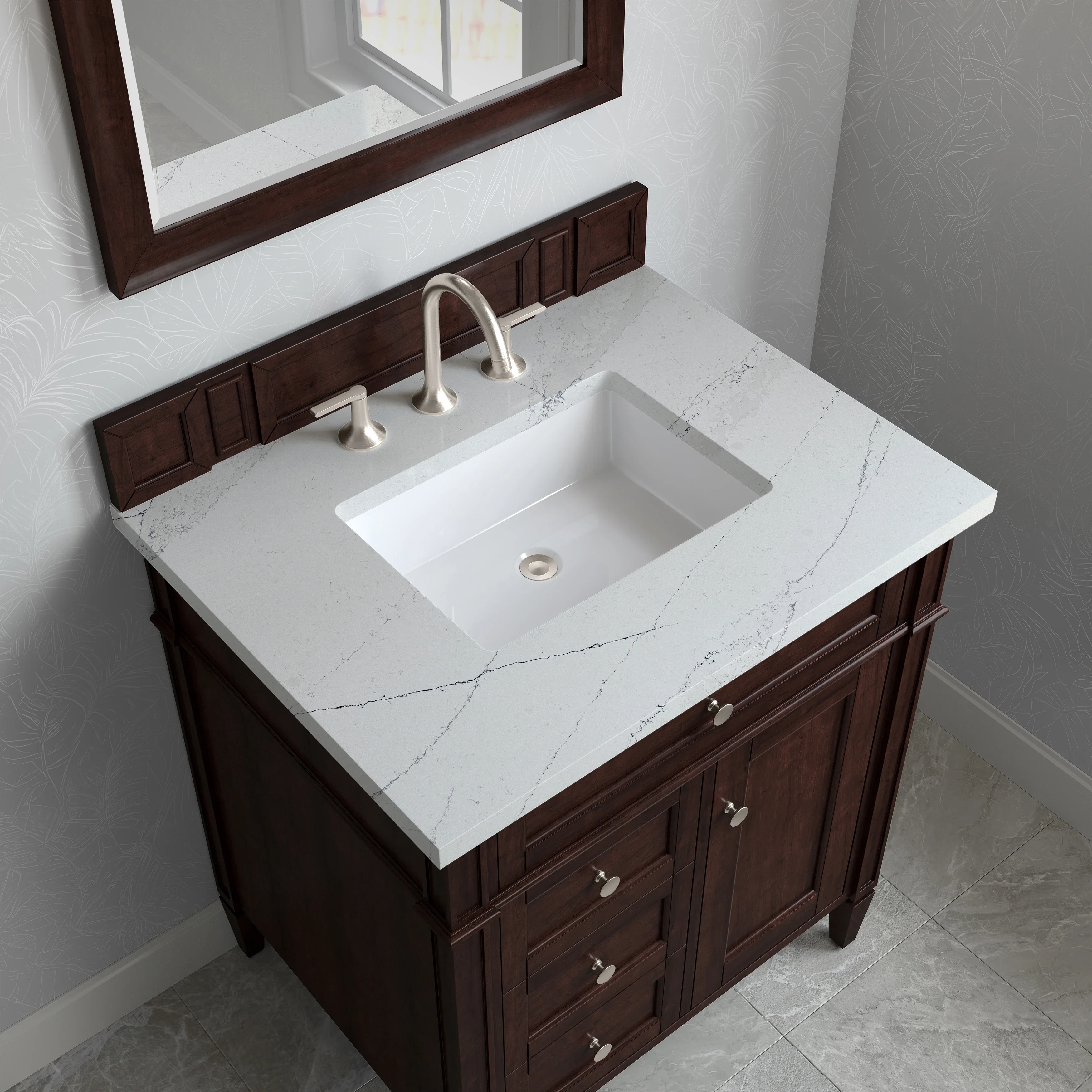 Brittany 30" Single Vanity, Burnished Mahogany, w/ 3 CM Ethereal Noctis Silestone Top
