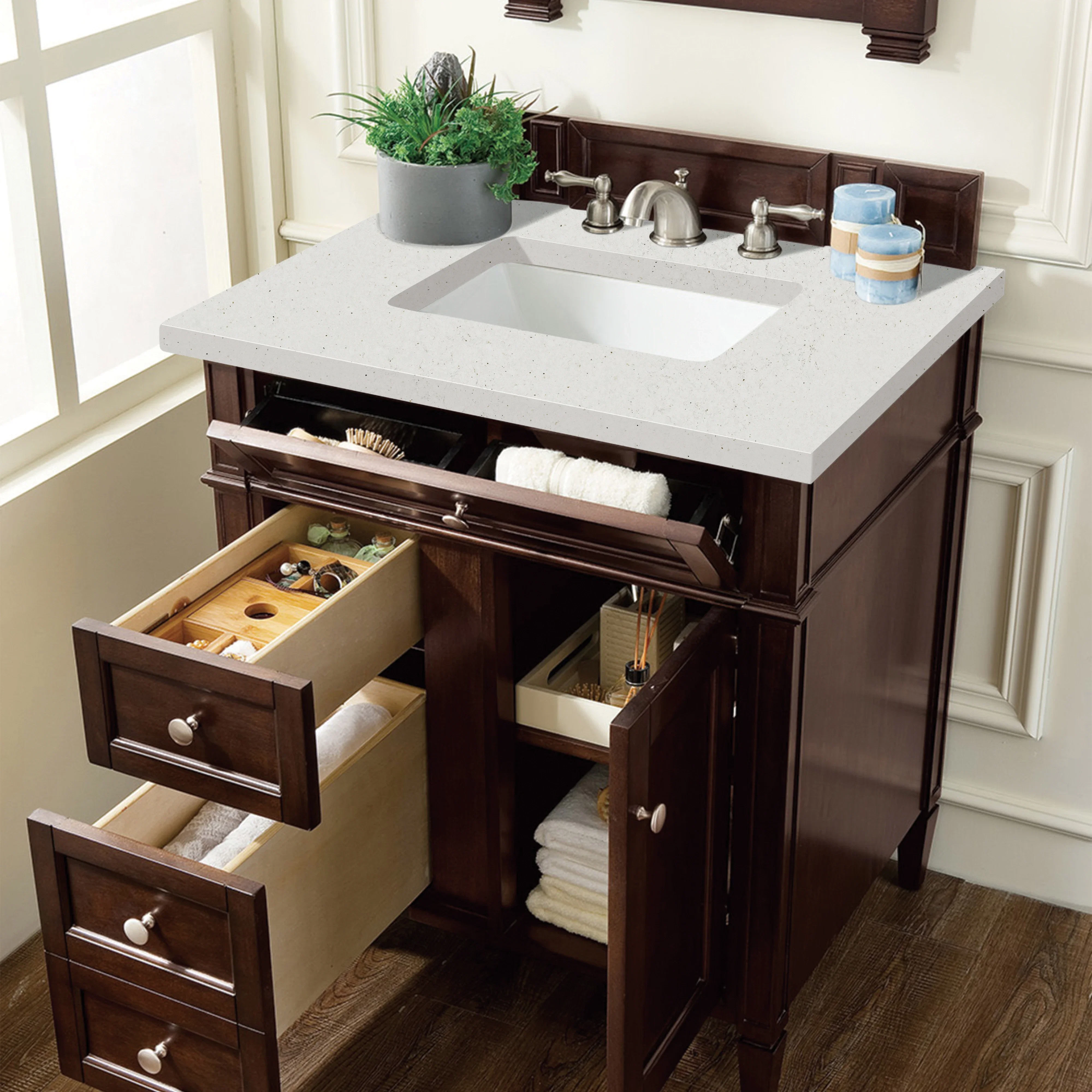 Brittany 30" Single Vanity, Burnished Mahogany, w/ 3 CM Lime Delight Silestone Top