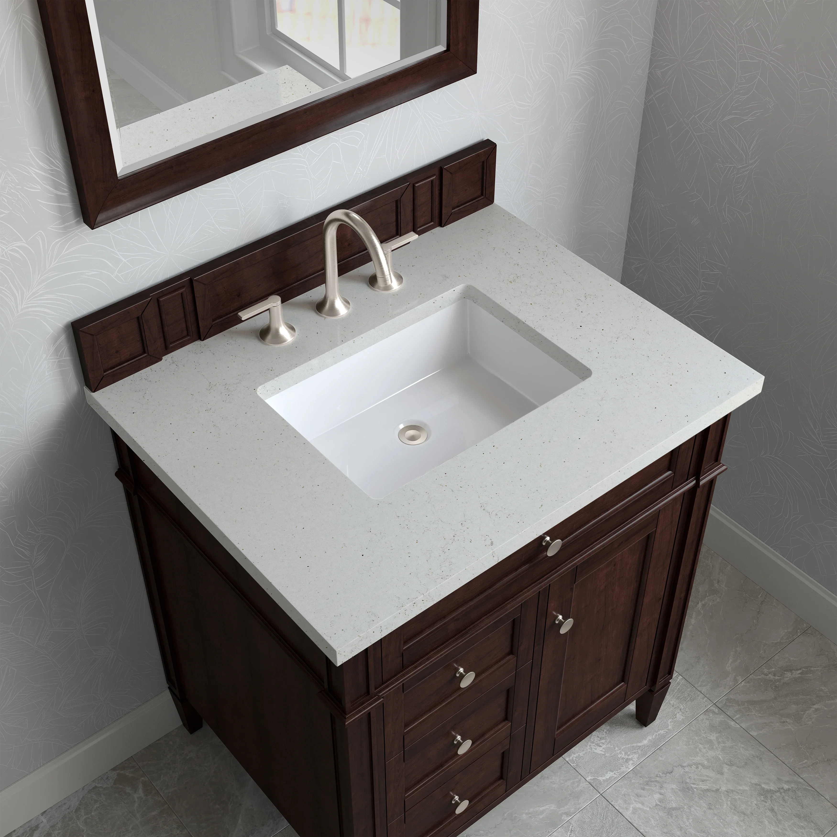 Brittany 30" Single Vanity, Burnished Mahogany, w/ 3 CM Lime Delight Silestone Top