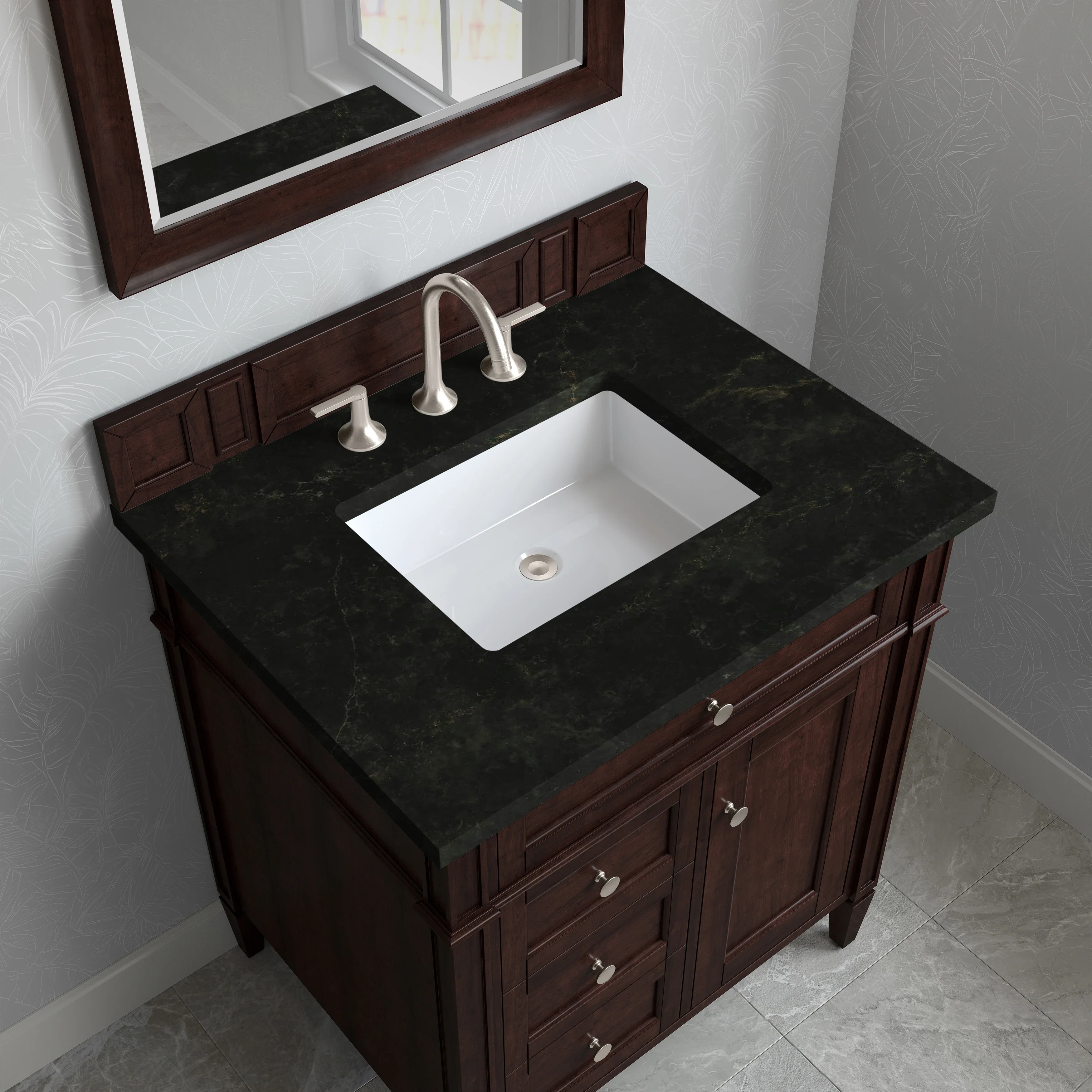 Brittany 30" Single Vanity, Burnished Mahogany, w/ 3 CM Phantome Eclos Top