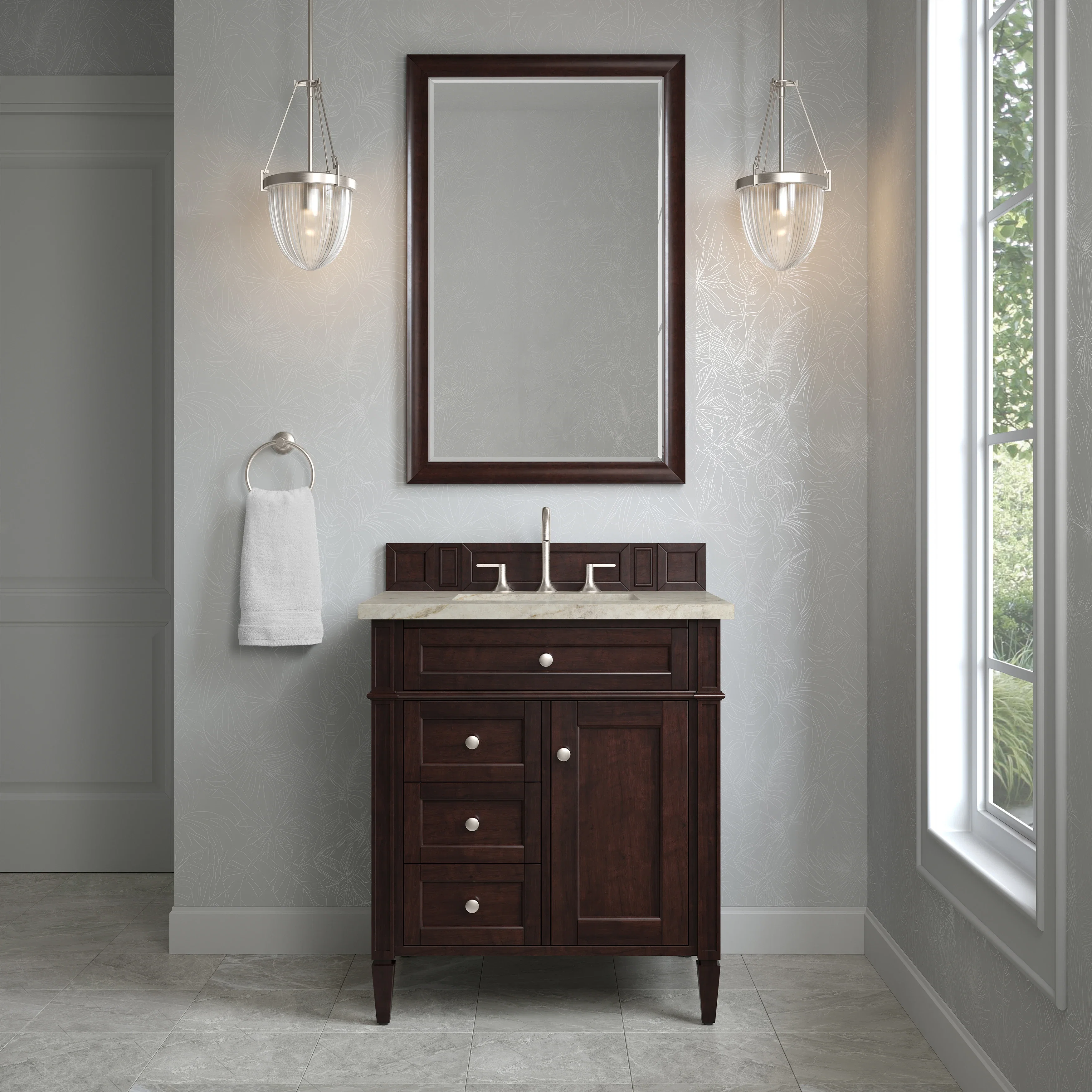 Brittany 30" Single Vanity, Burnished Mahogany, w/ 3 CM Tajnar Eclos Top
