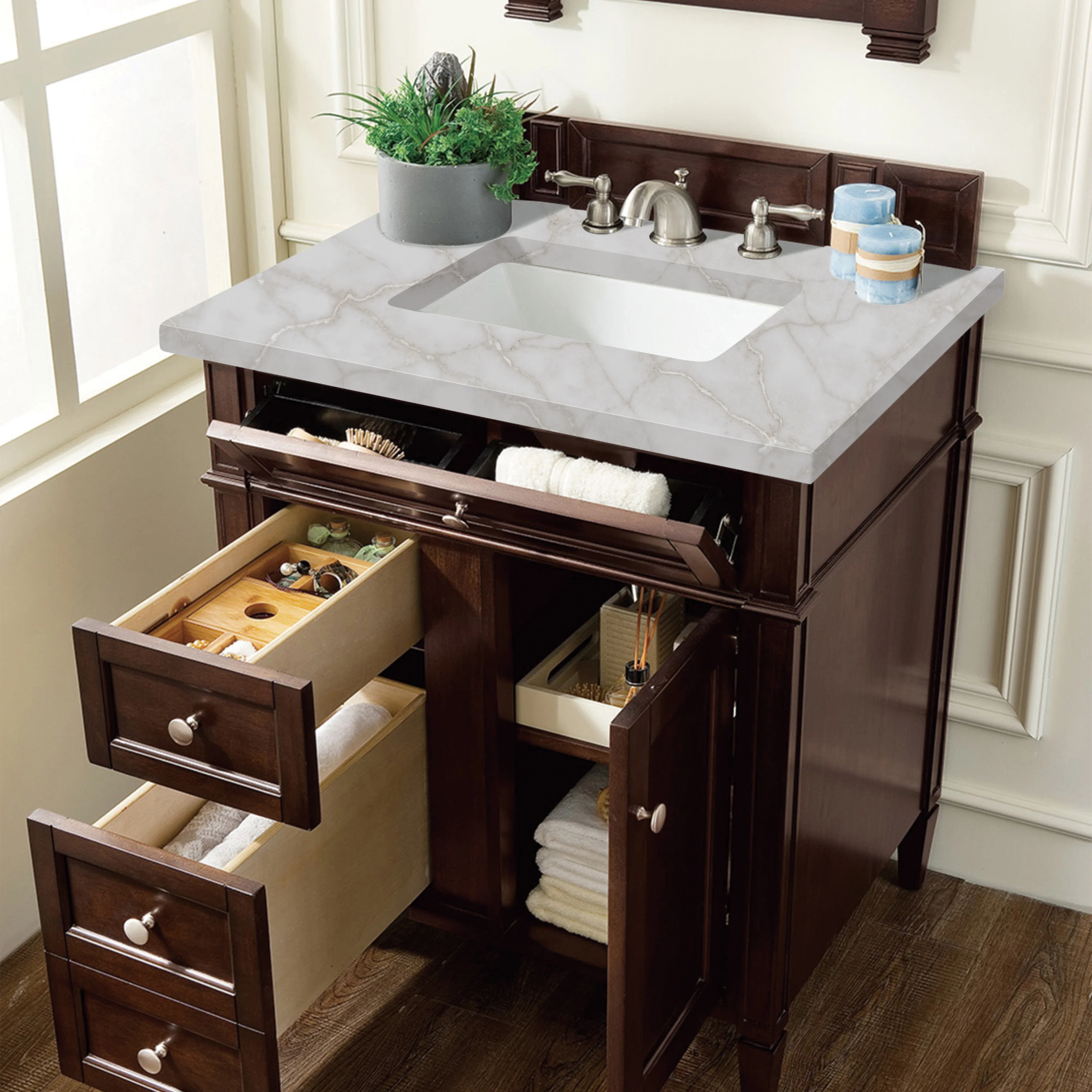 Brittany 30" Single Vanity, Burnished Mahogany, w/ 3 CM Victorian Silver Silestone Top