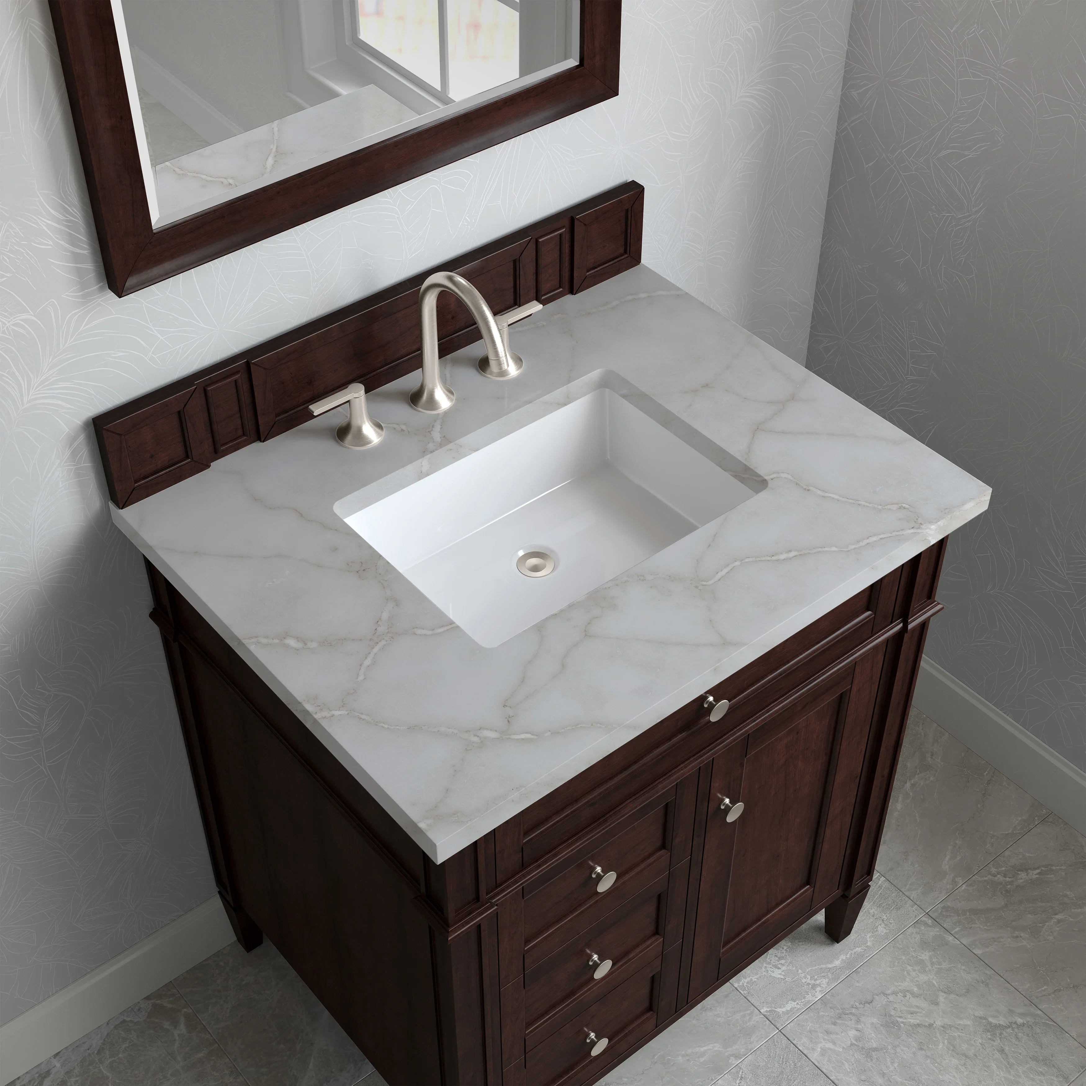 Brittany 30" Single Vanity, Burnished Mahogany, w/ 3 CM Victorian Silver Silestone Top