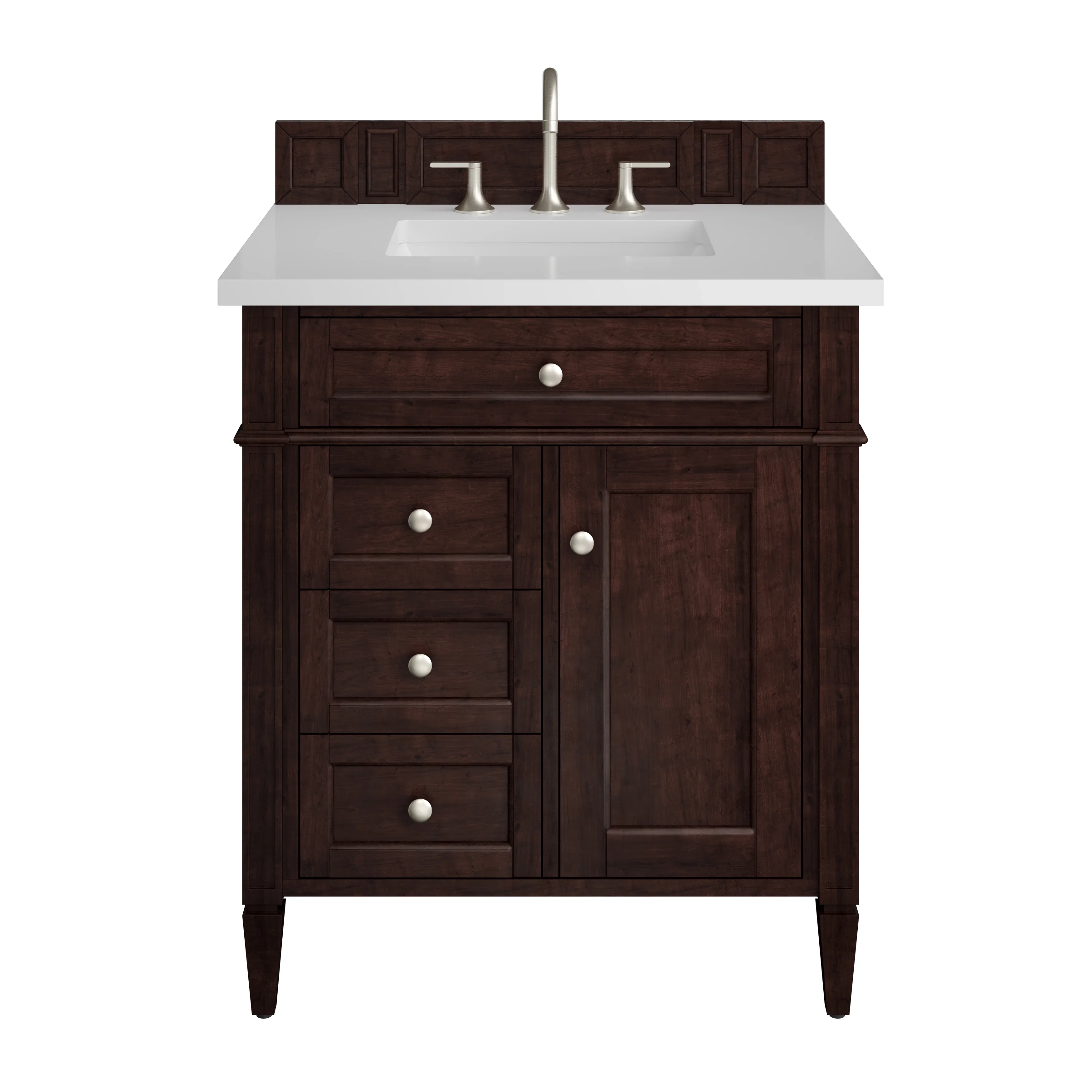 Brittany 30" Single Vanity, Burnished Mahogany, w/ 3 CM White Zeus Silestone Top