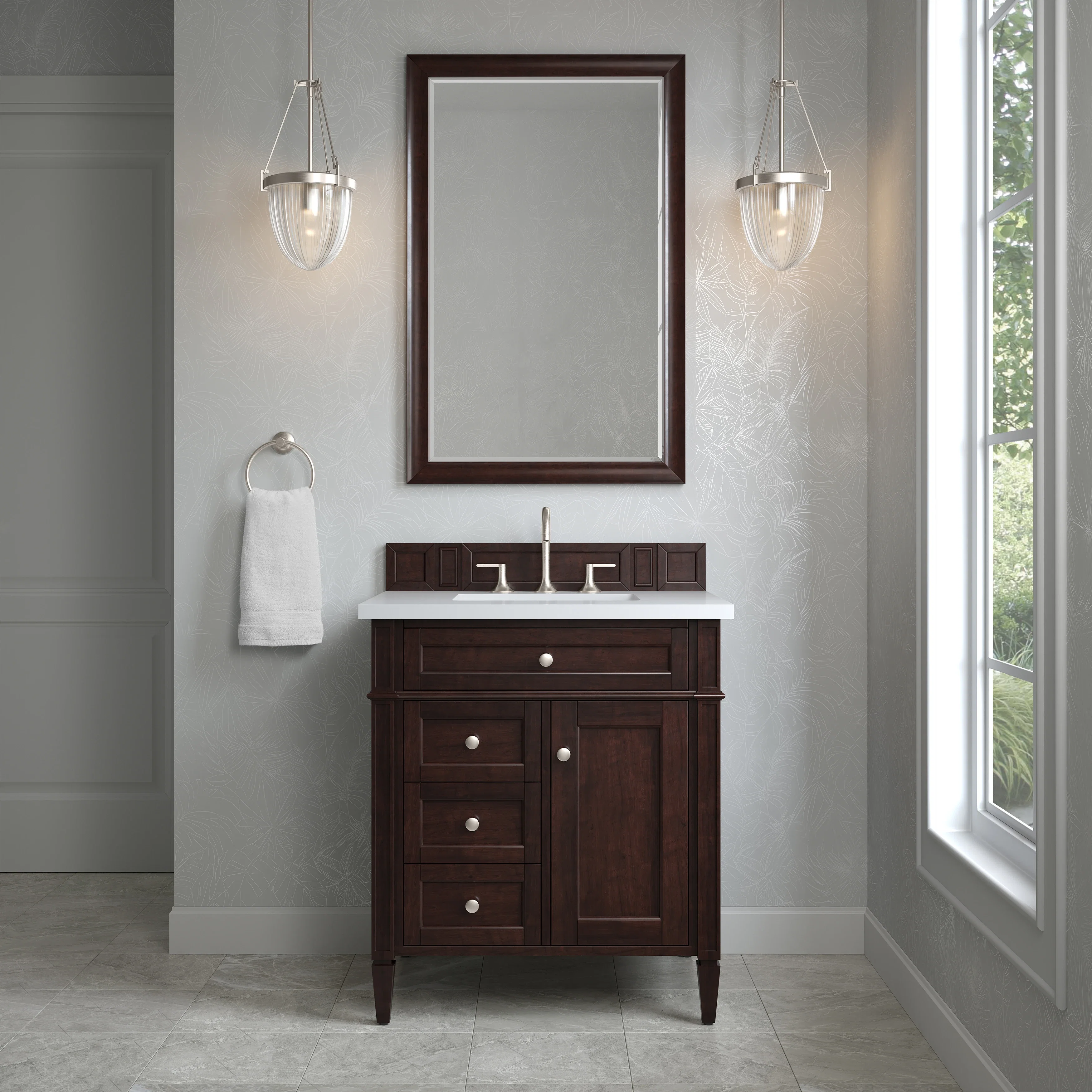 Brittany 30" Single Vanity, Burnished Mahogany, w/ 3 CM White Zeus Silestone Top