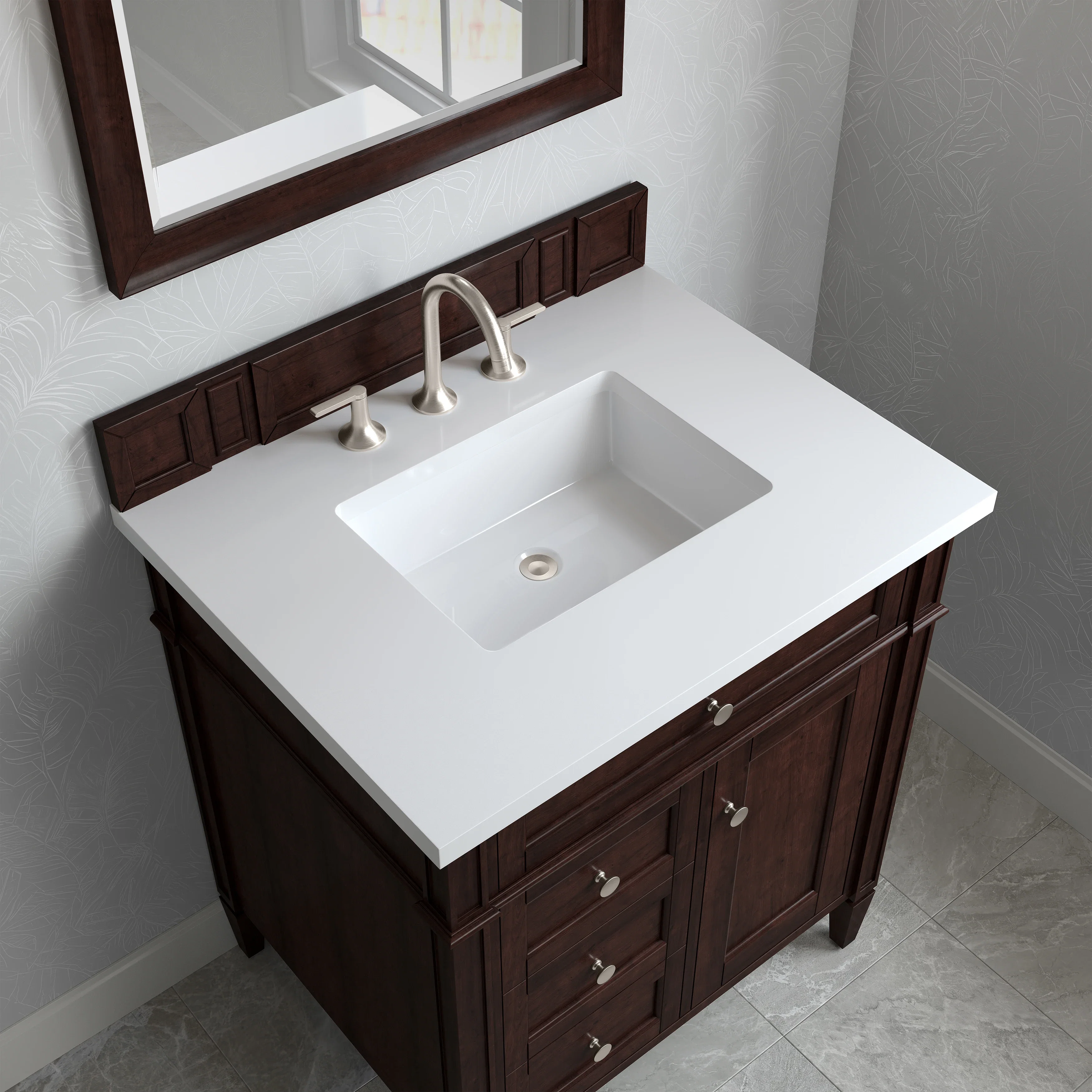 Brittany 30" Single Vanity, Burnished Mahogany, w/ 3 CM White Zeus Silestone Top