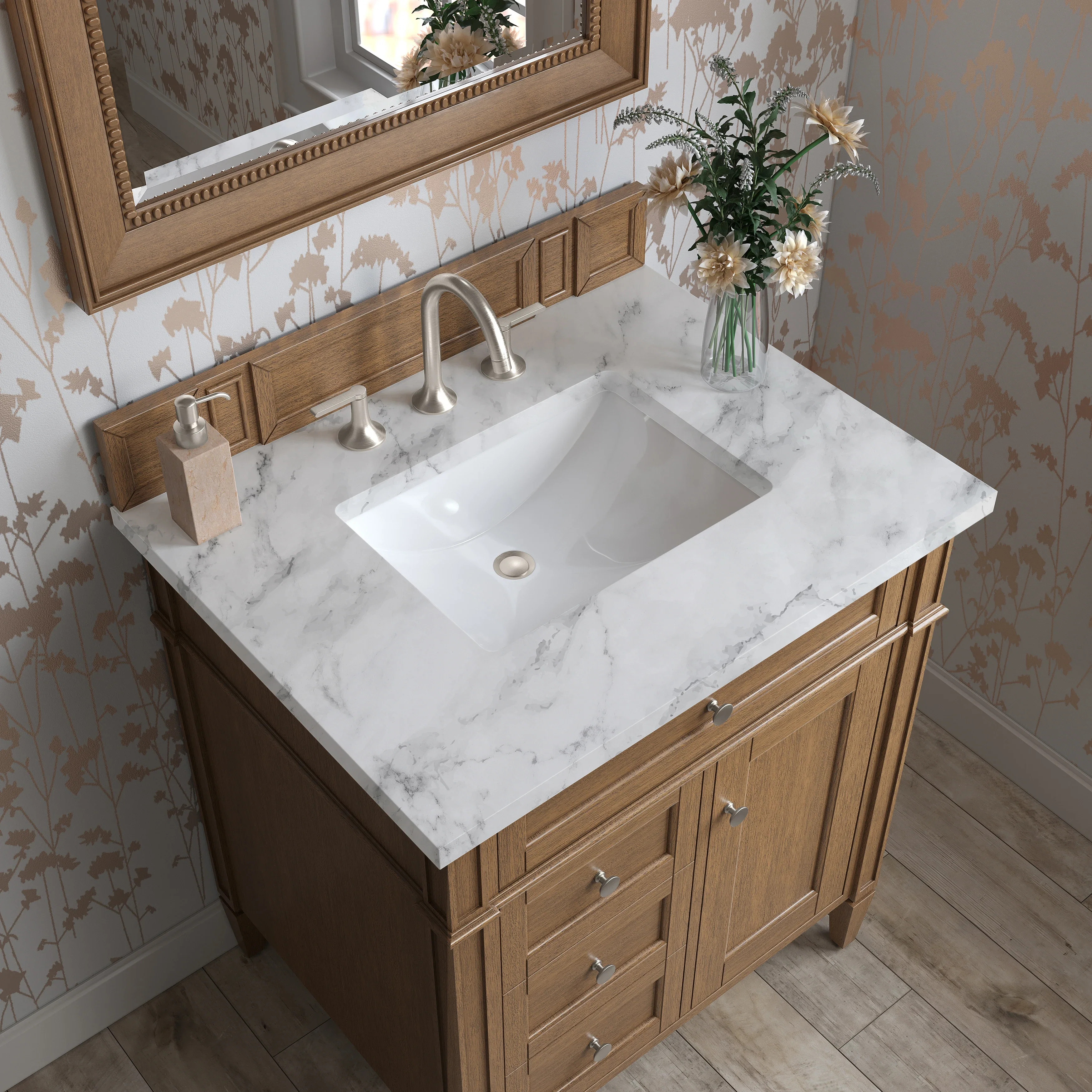 Brittany 30" Single Vanity, Saddle Brown w/ 3 CM Carrara Marble Top
