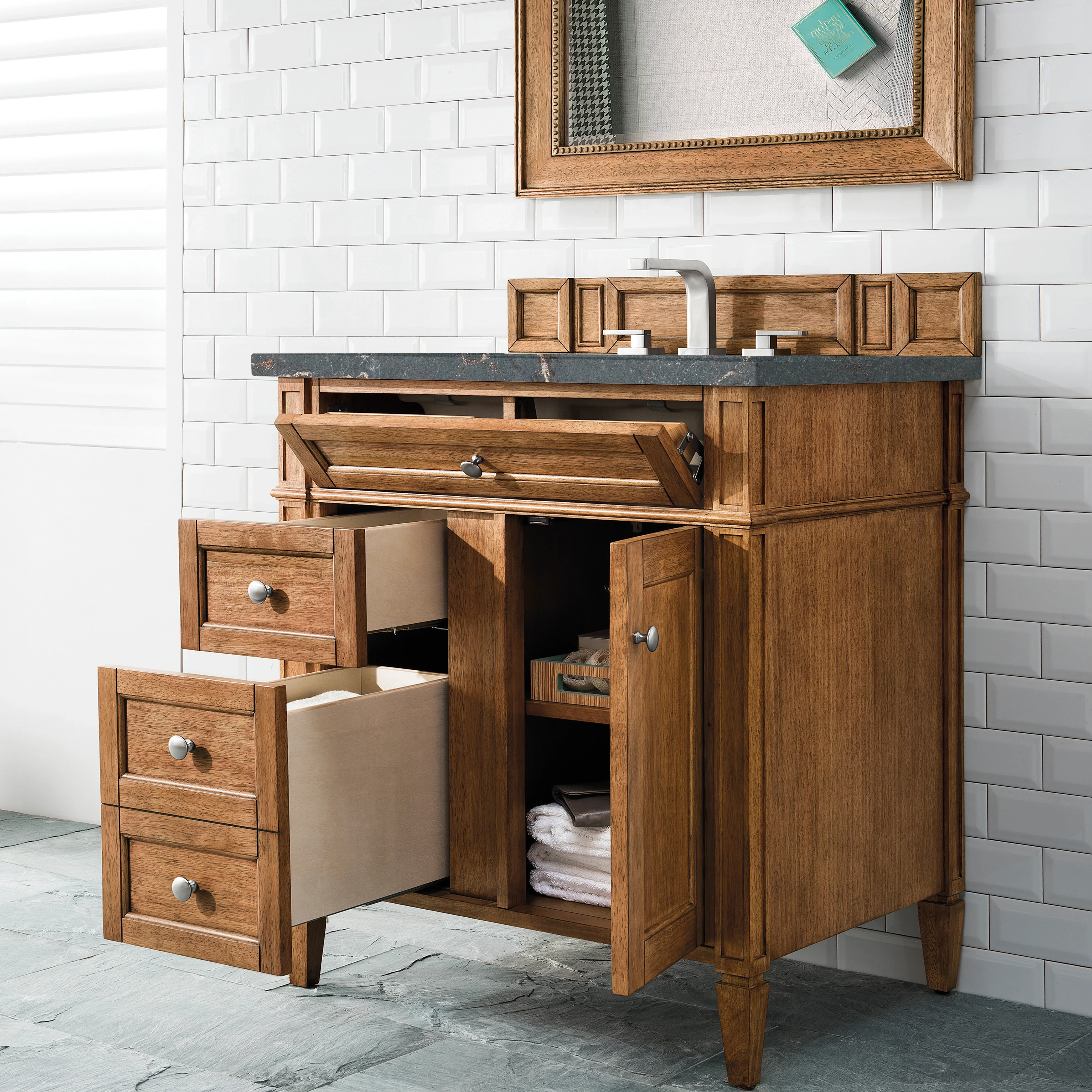 Brittany 30" Single Vanity, Saddle Brown, w/ 3 CM Parisien Bleu Silestone Top