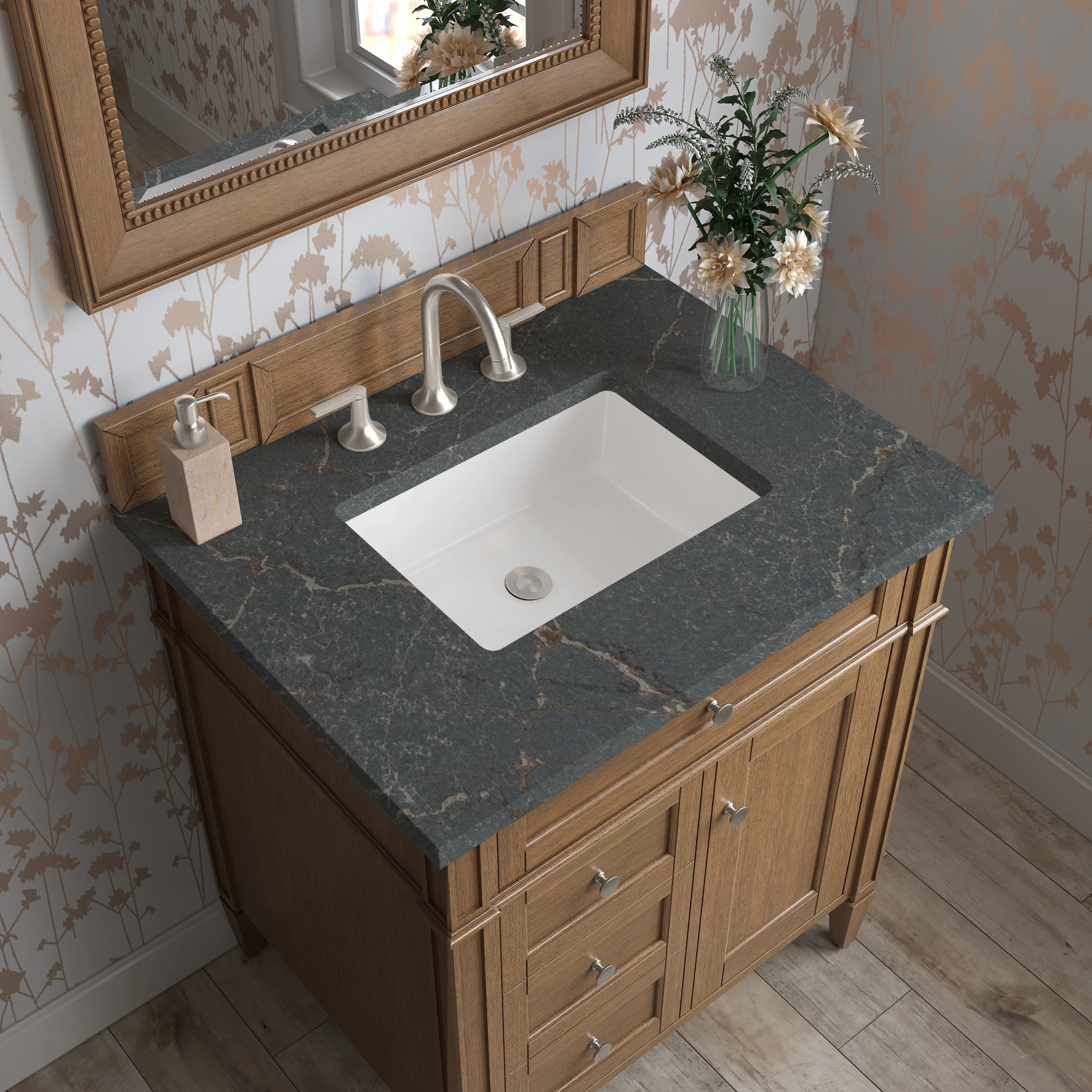 Brittany 30" Single Vanity, Saddle Brown, w/ 3 CM Parisien Bleu Silestone Top