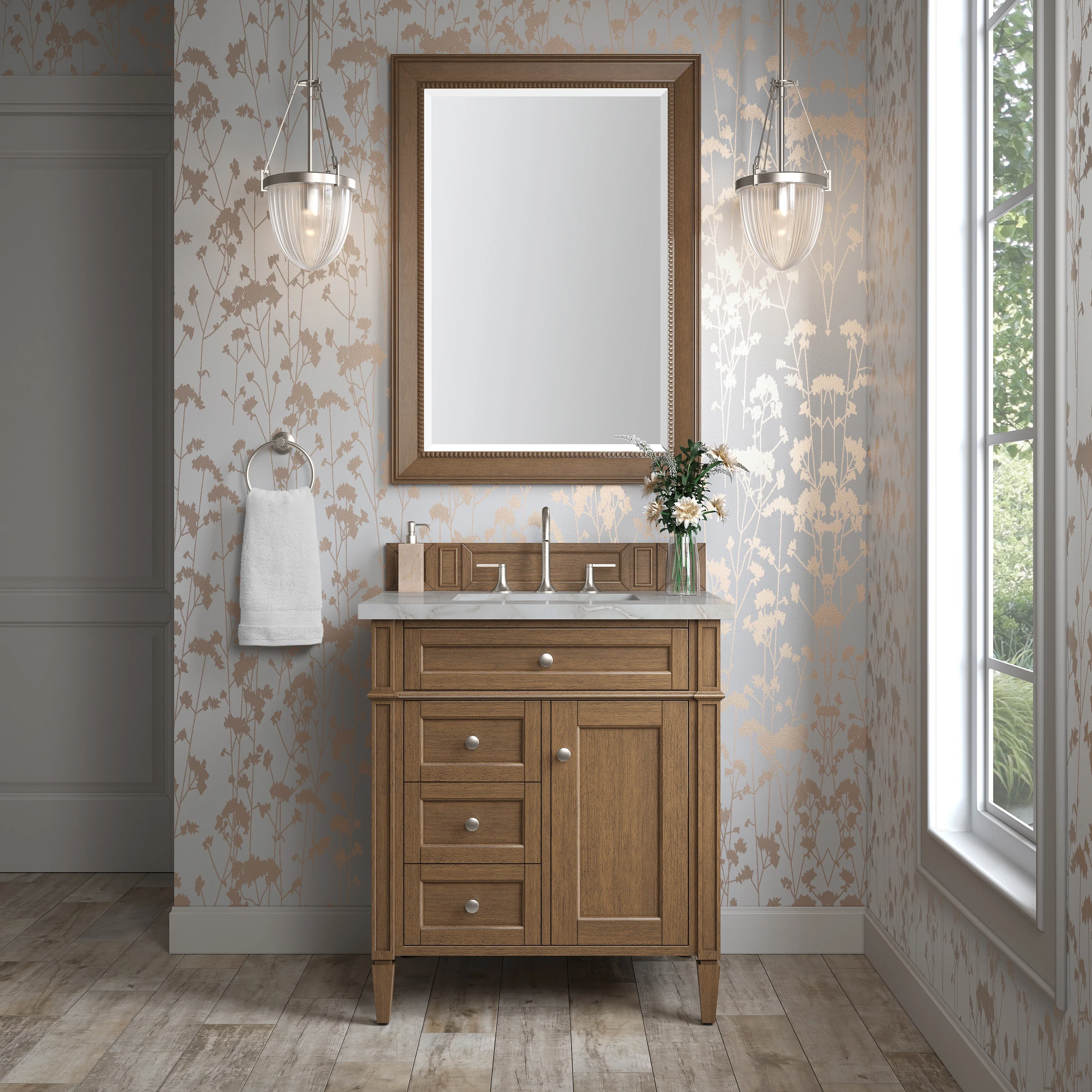 Brittany 30" Single Vanity, Saddle Brown, w/ 3 CM Victorian Silver Silestone Top