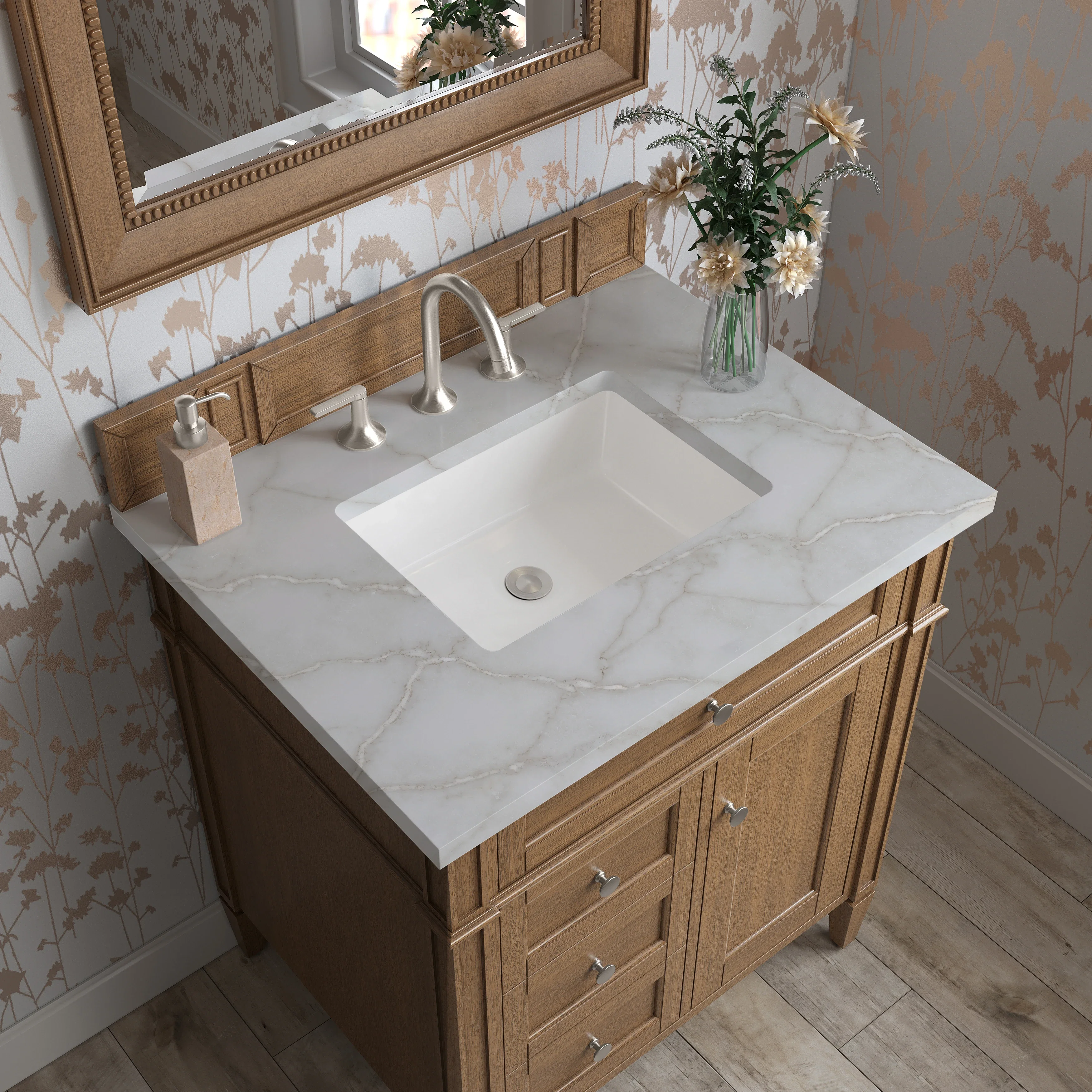 Brittany 30" Single Vanity, Saddle Brown, w/ 3 CM Victorian Silver Silestone Top