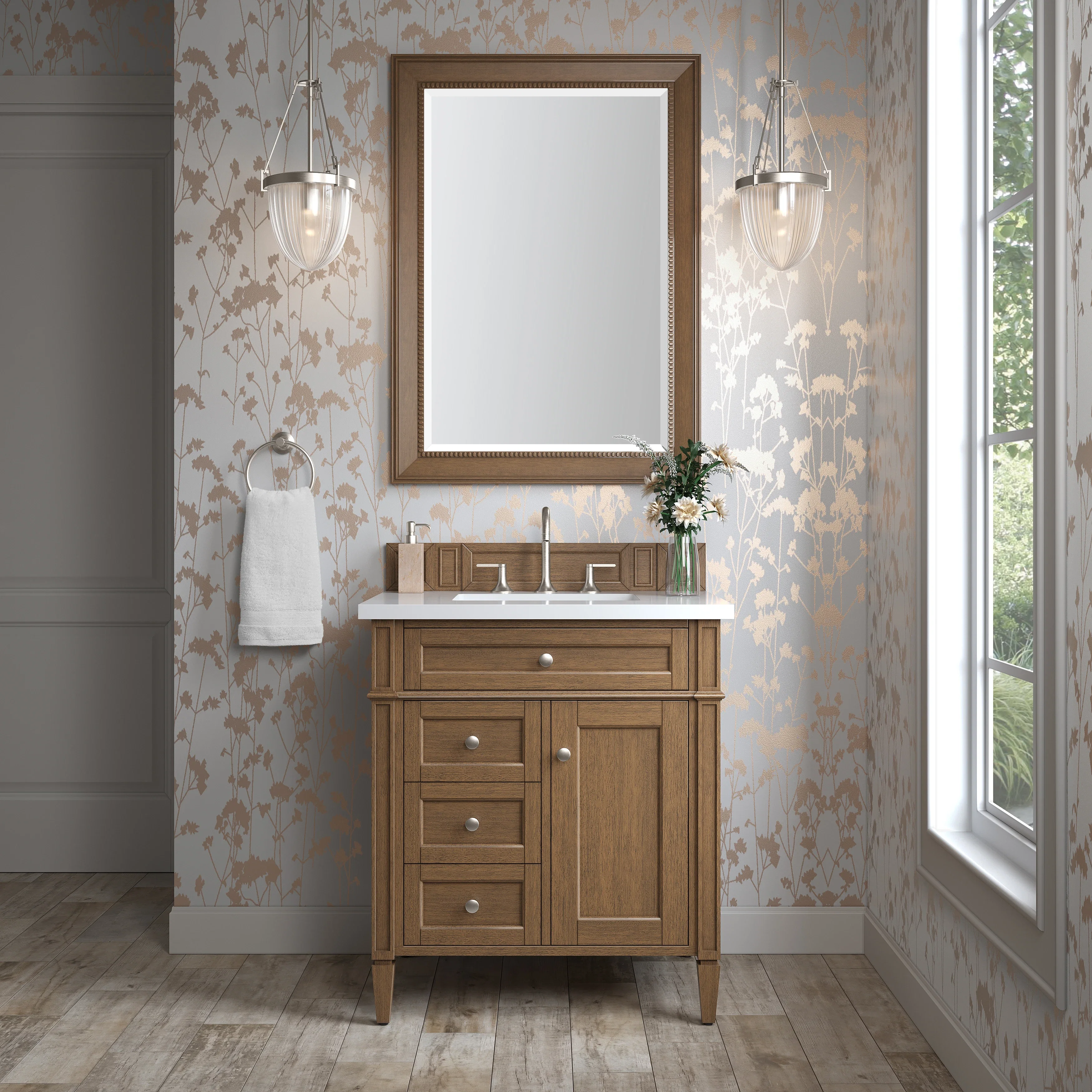 Brittany 30" Single Vanity, Saddle Brown, w/ 3 CM White Zeus Silestone Top