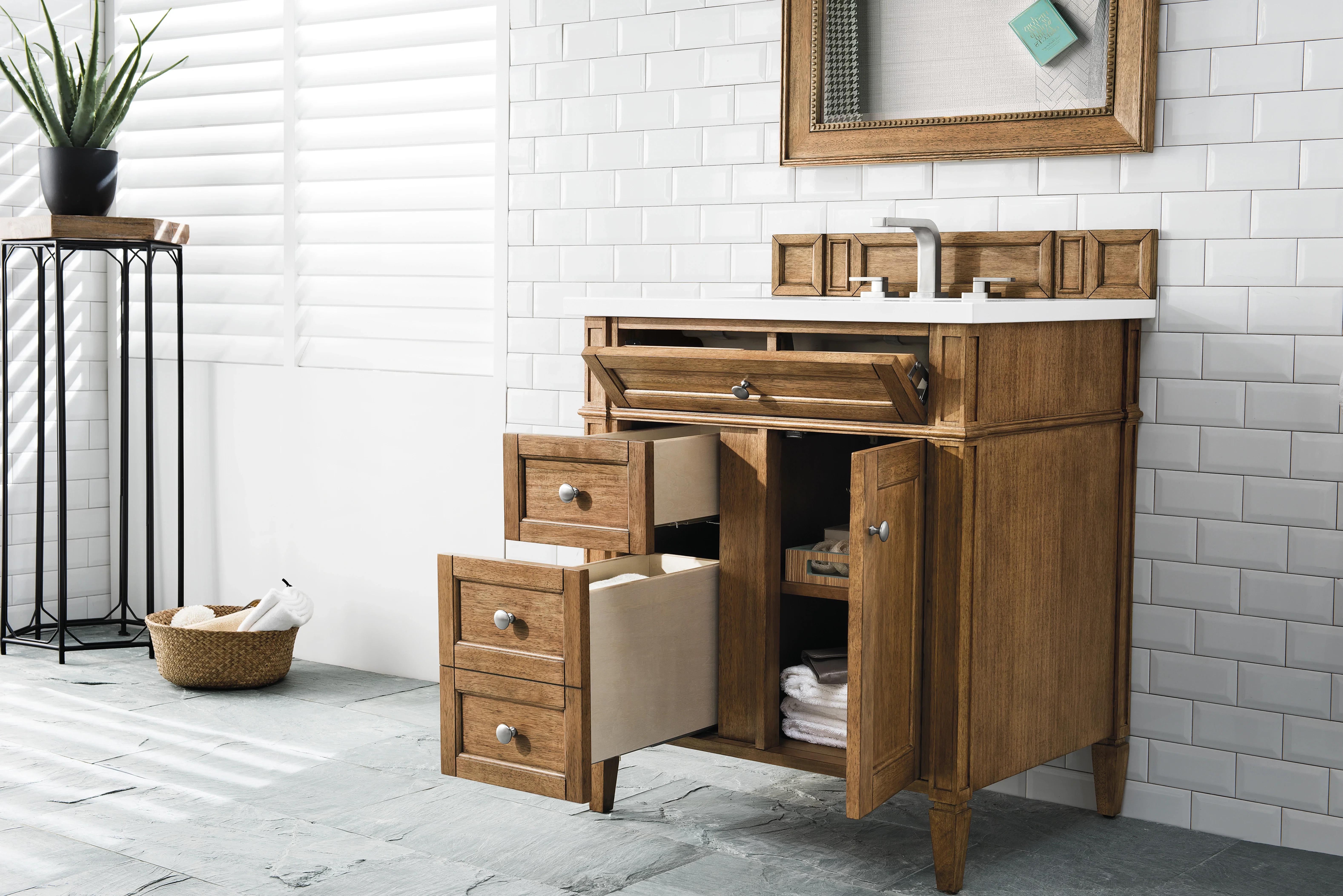Brittany 30" Single Vanity, Saddle Brown, w/ 3 CM White Zeus Silestone Top