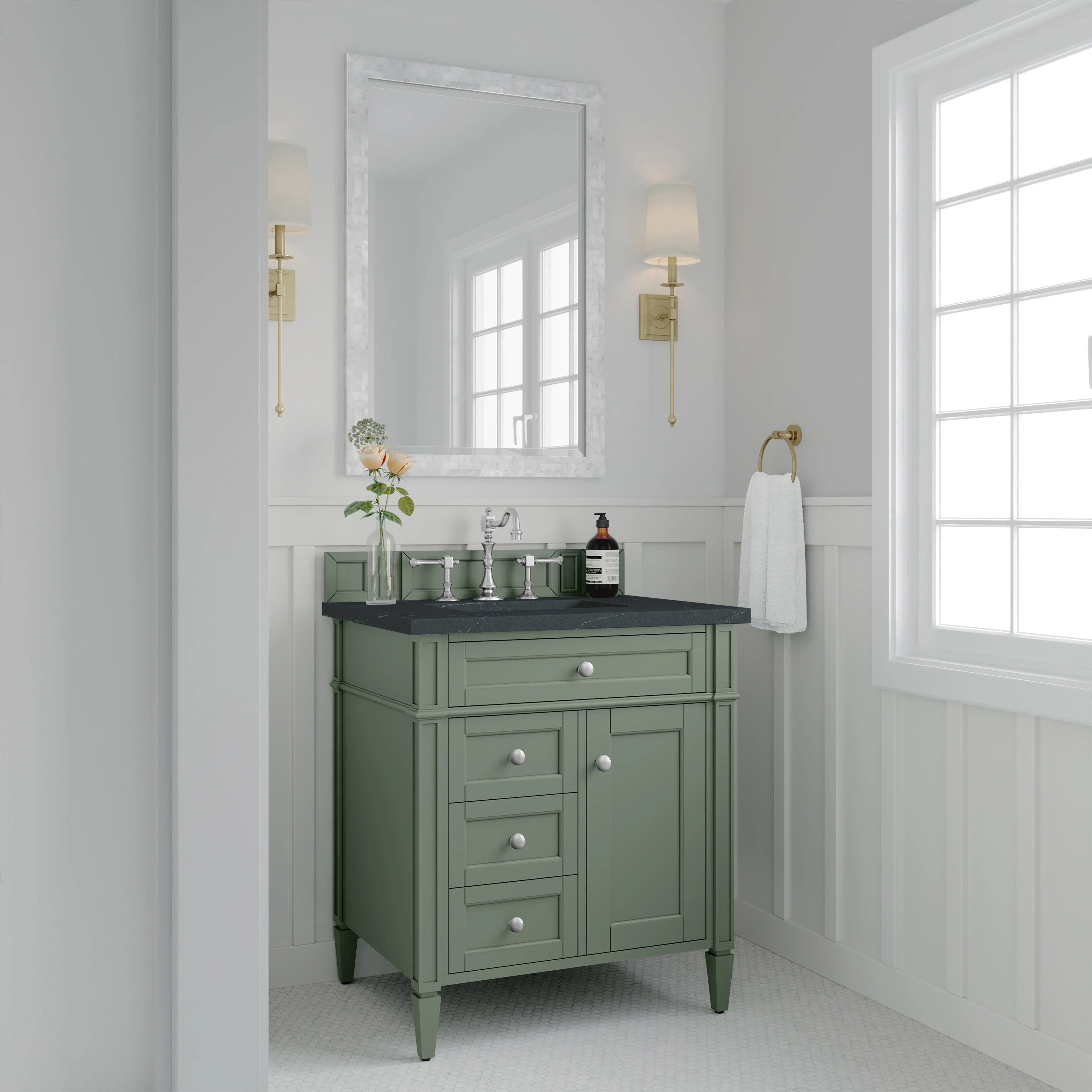 Brittany 30" Single Vanity, Smokey Celadon w/ 3 CM Charcoal Soapstone Top
