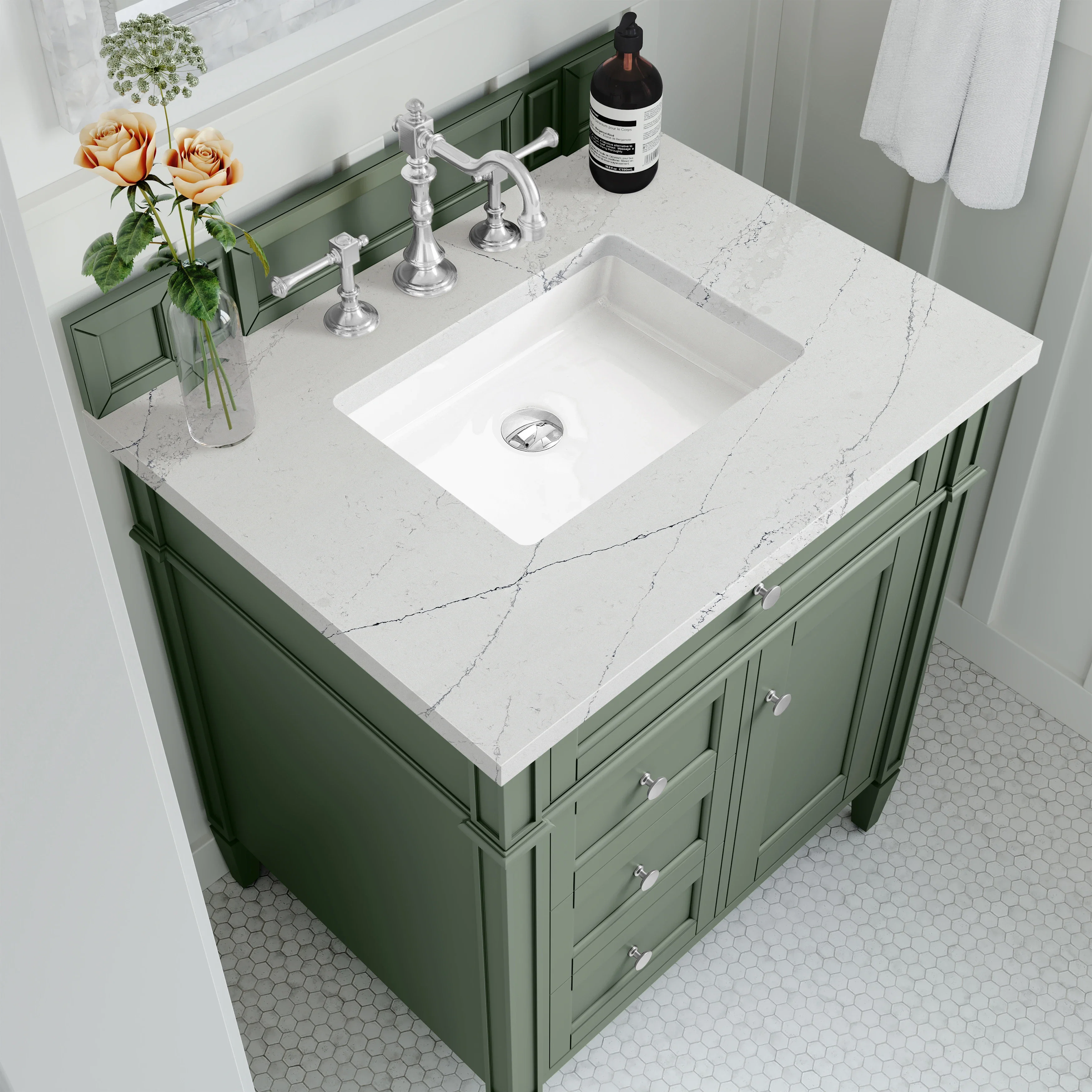 Brittany 30" Single Vanity, Smokey Celadon w/ 3 CM Ethereal Noctis Top