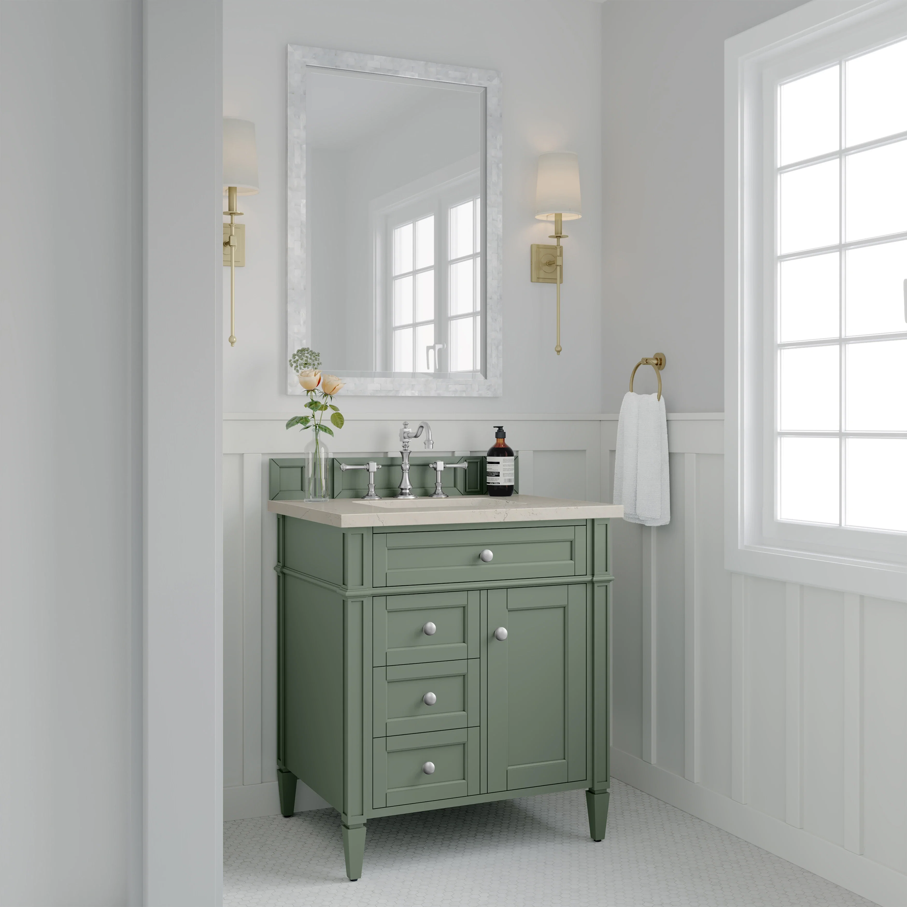 Brittany 30" Single Vanity, Smokey Celadon, w/ 3 CM Siberian Silestone Top