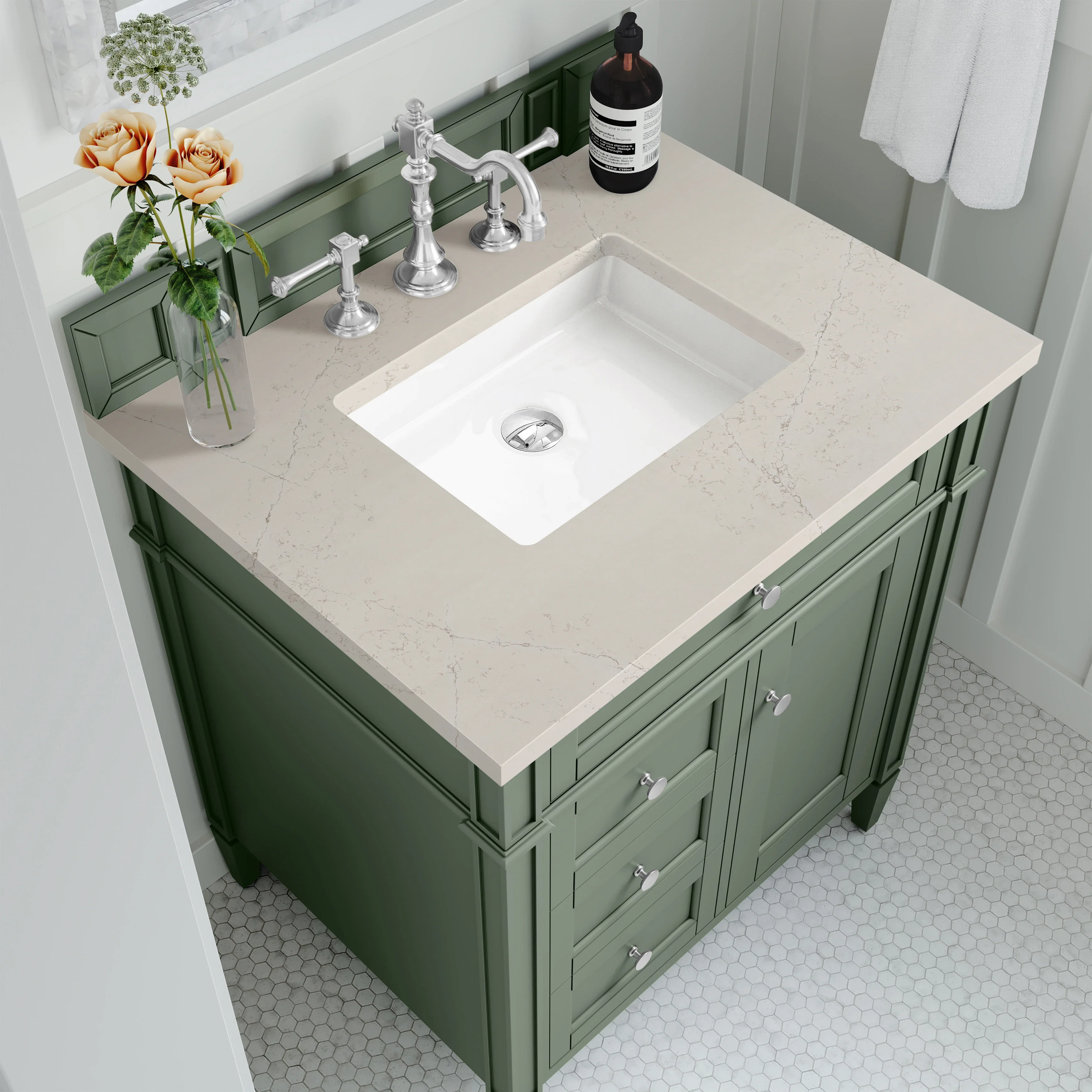 Brittany 30" Single Vanity, Smokey Celadon, w/ 3 CM Siberian Silestone Top