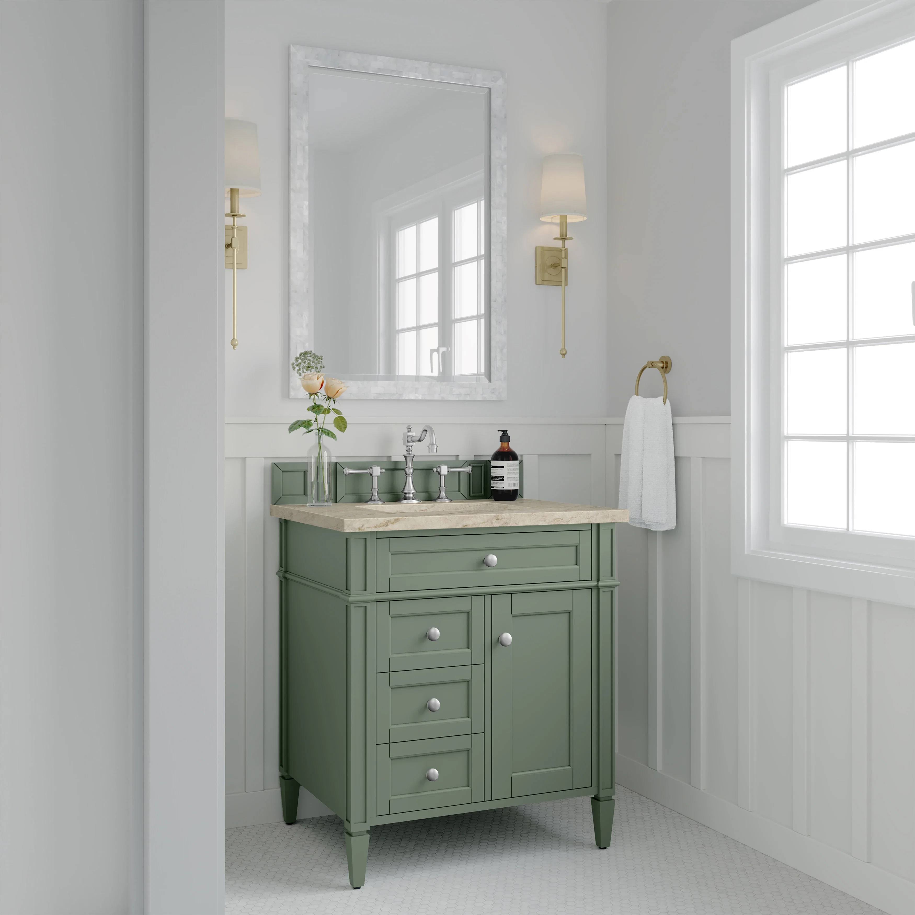 Brittany 30" Single Vanity, Smokey Celadon, w/ 3 CM Tajnar Eclos Top