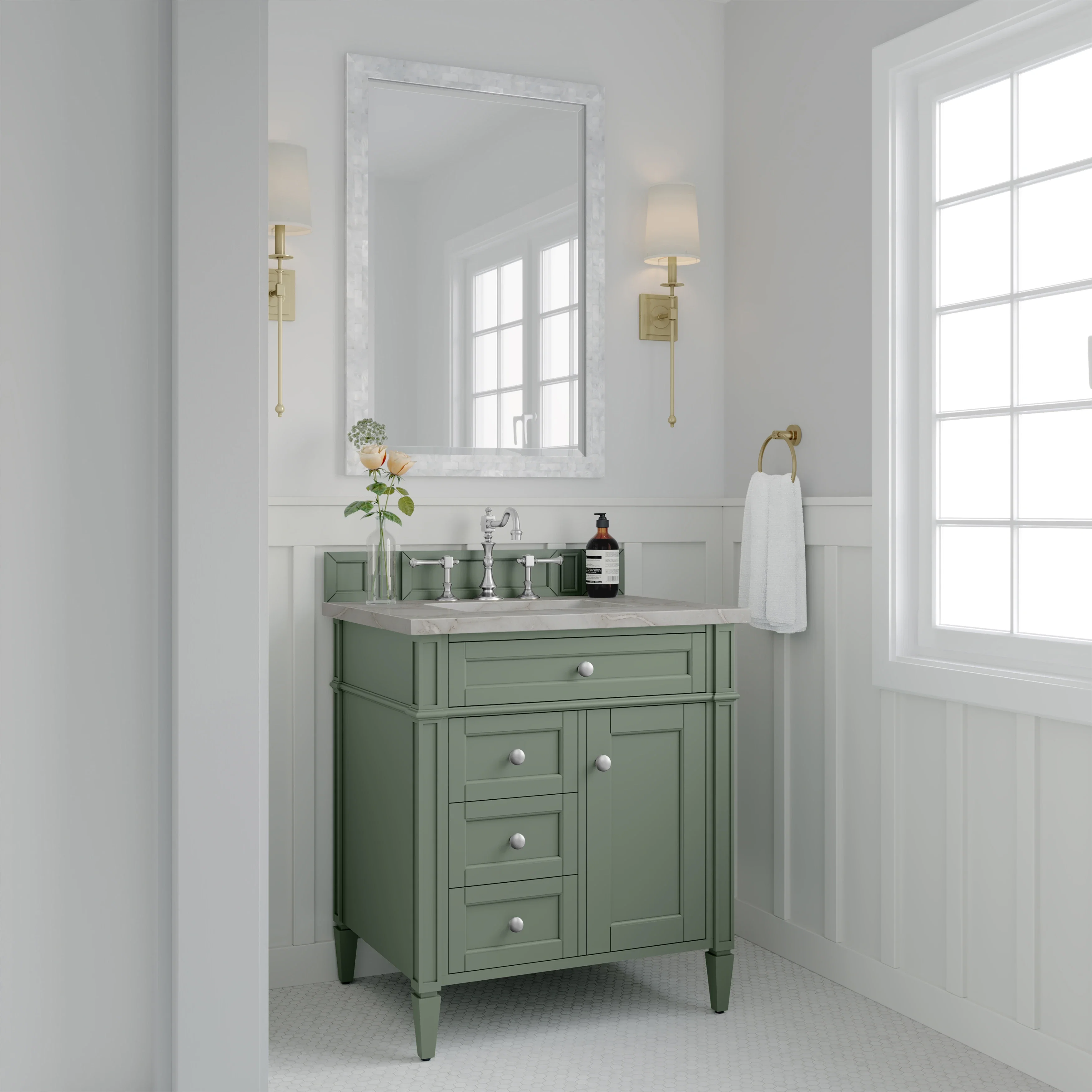 Brittany 30" Single Vanity, Smokey Celadon w/ 3 CM Victorian Silver Top
