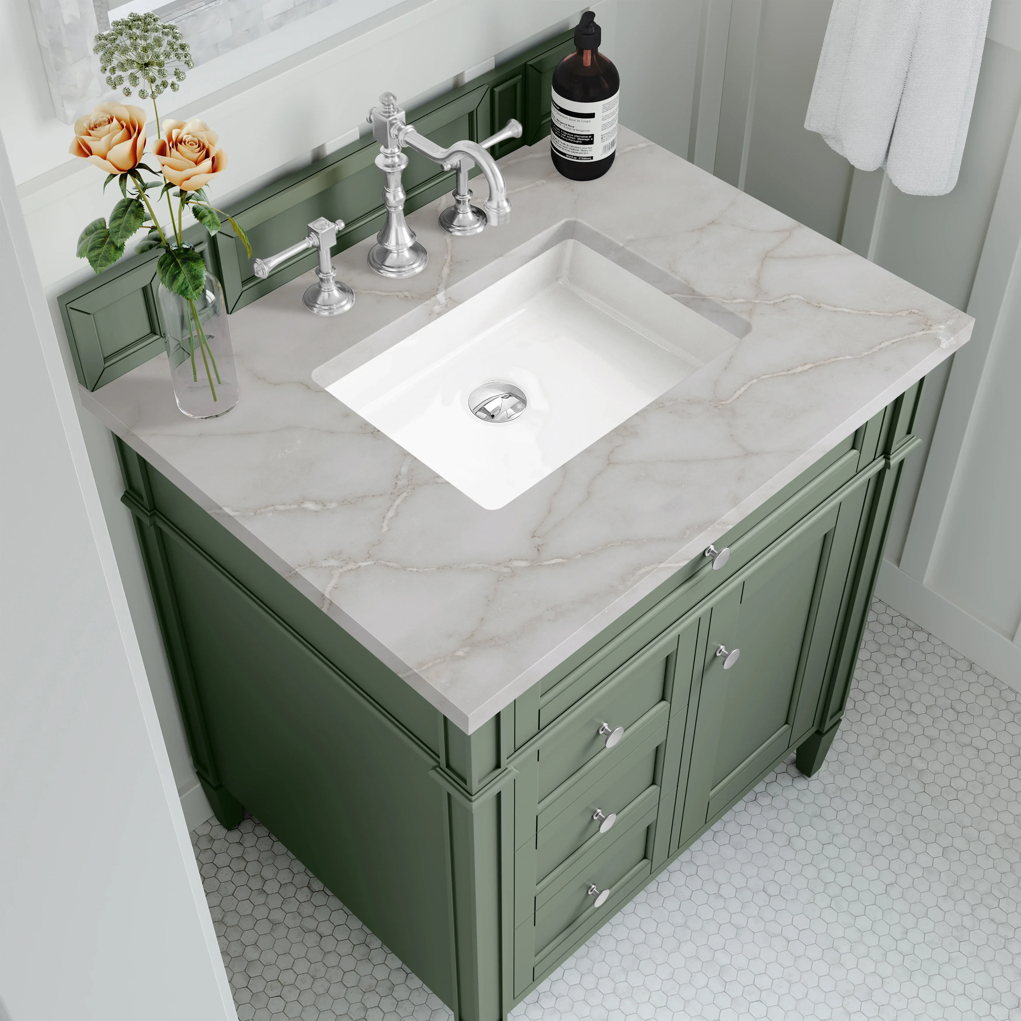 Brittany 30" Single Vanity, Smokey Celadon w/ 3 CM Victorian Silver Top