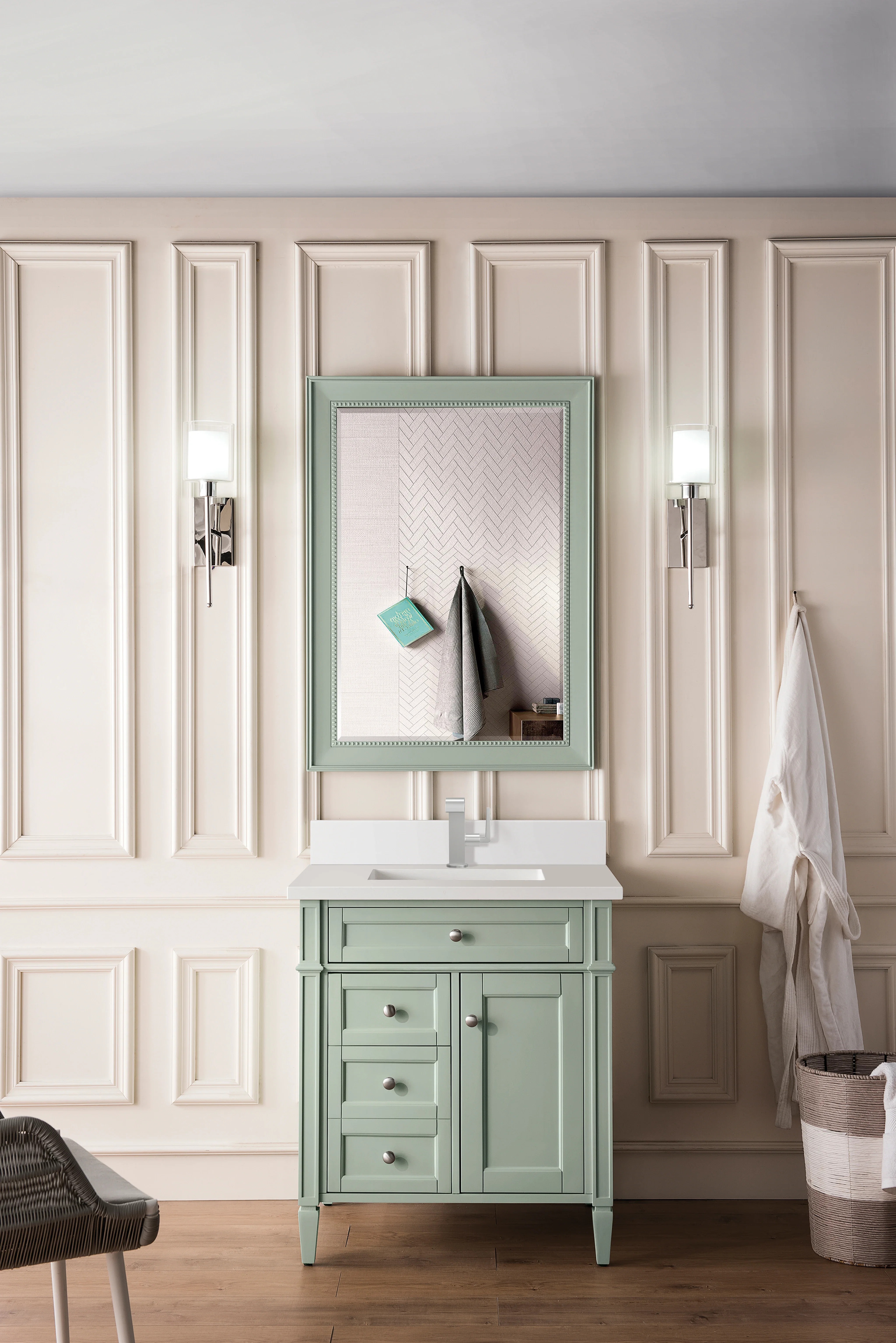 Brittany 30" Single Vanity, Sage Green, w/ Single Hole 3 CM White Zeus Silestone Top & Backsplash