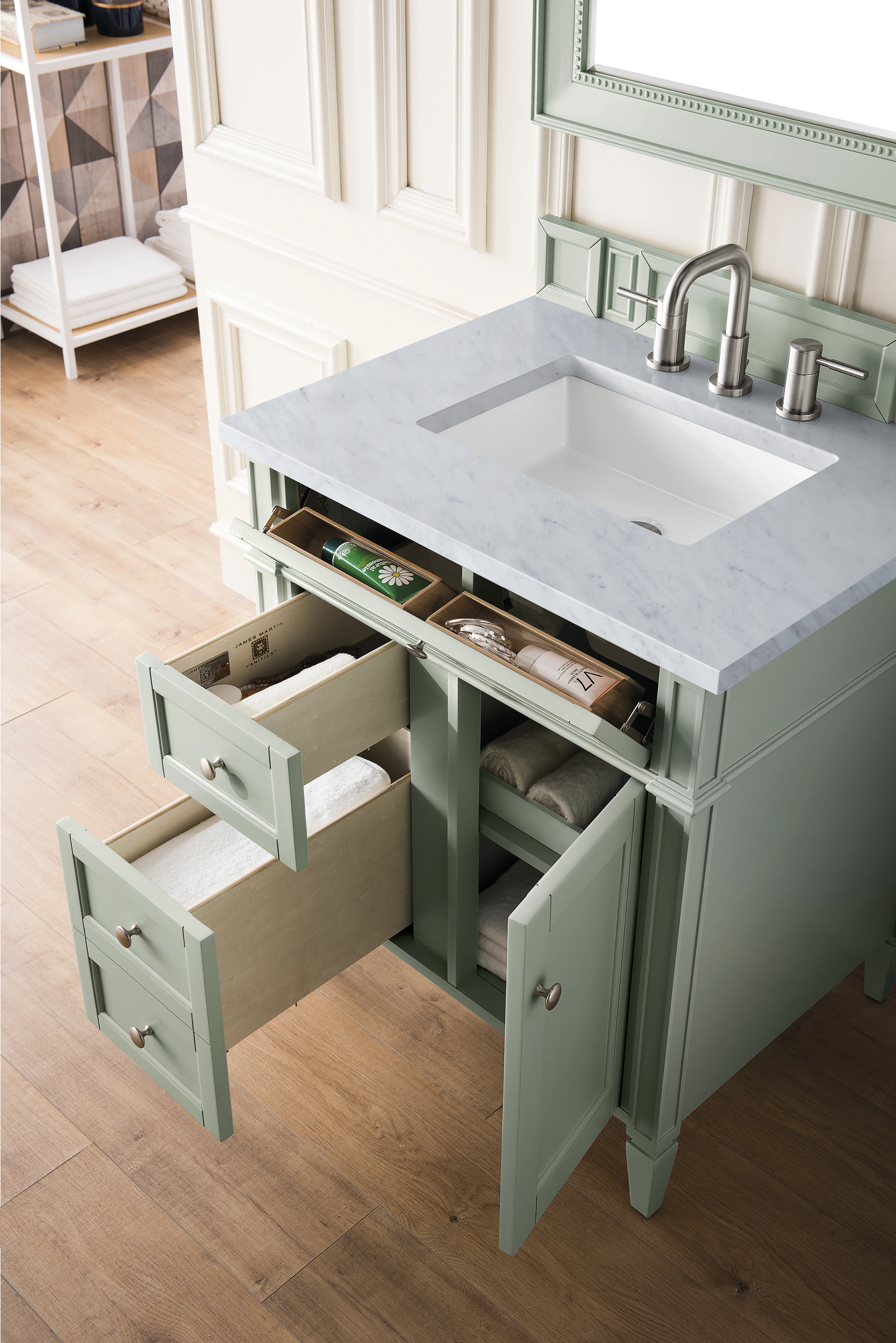 Brittany 30" Single Vanity, Sage Green w/ 3 CM Carrara Marble Top
