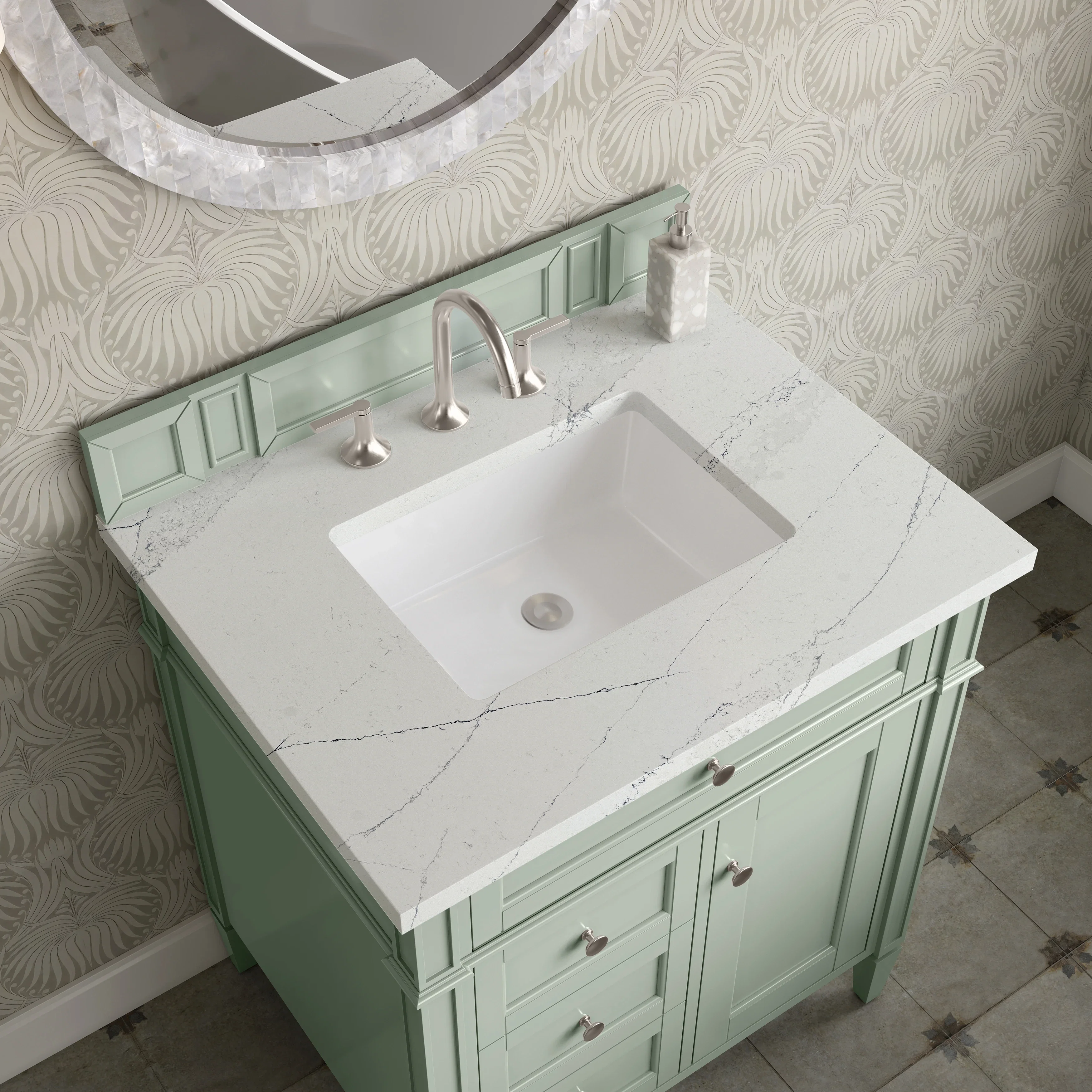 Brittany 30" Single Vanity, Sage Green, w/ 3 CM Ethereal Noctis Silestone Top