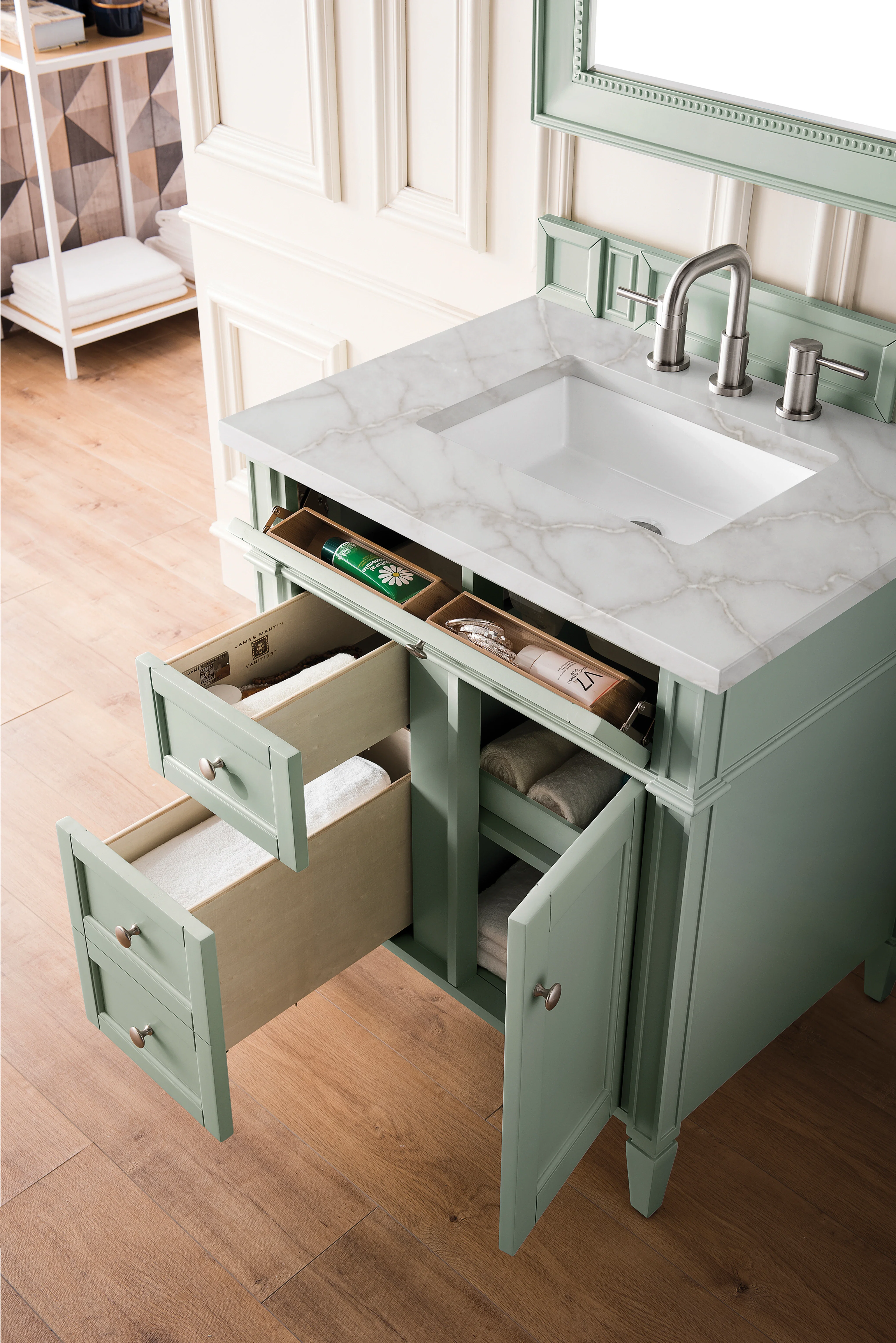Brittany 30" Single Vanity, Sage Green, w/ 3 CM Victorian Silver Silestone Top